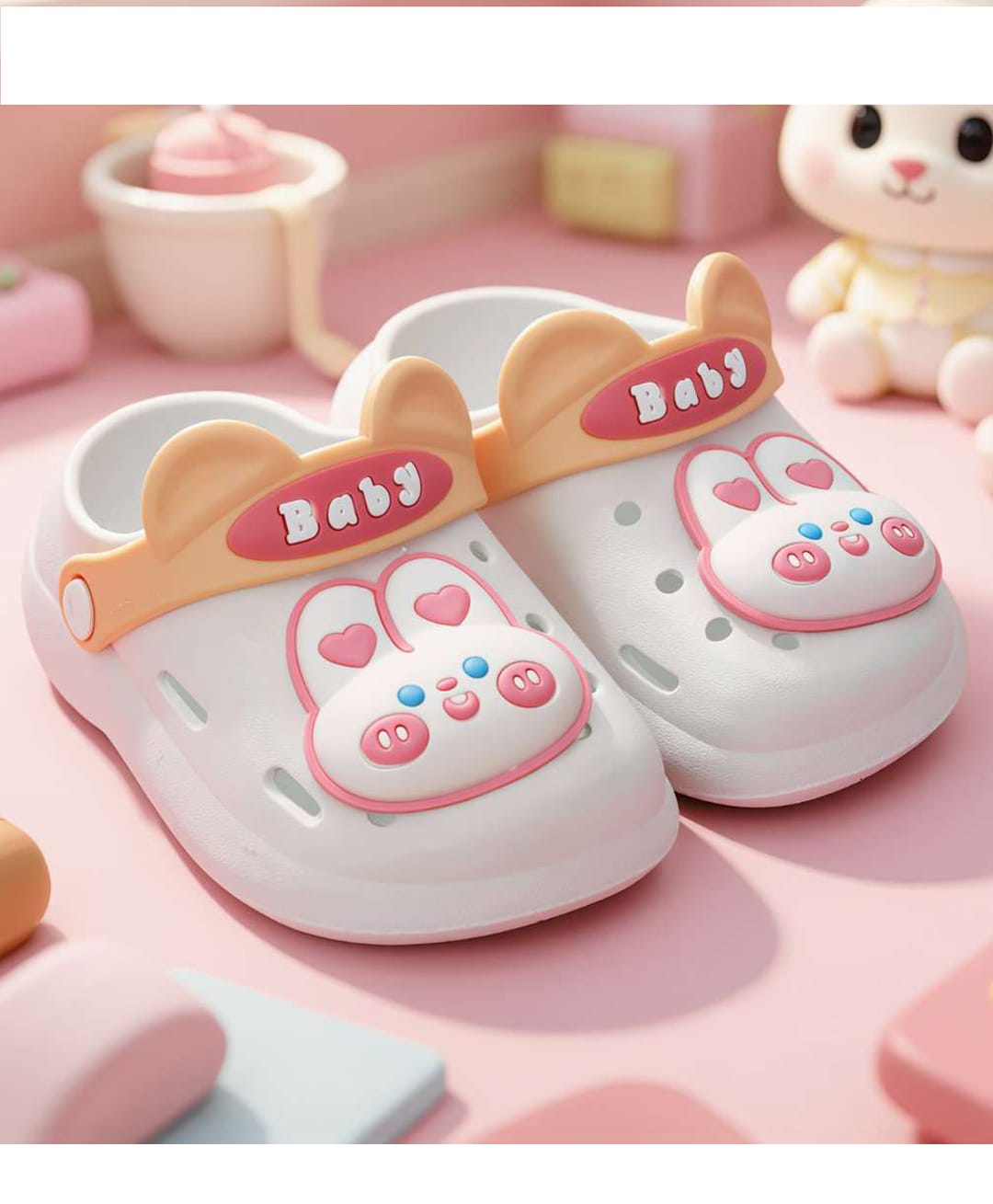 Yellow Bee Bunny & Baby Text Applique Detailed Perforated Slingback Clogs - White-image-10