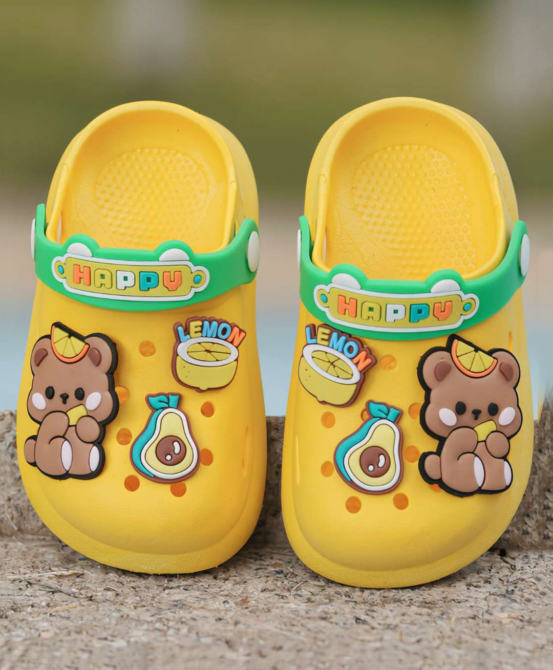Yellow Bee Bear & Happy Text Applique Detailed Perforated Slingback Clogs - Yellow-image-15