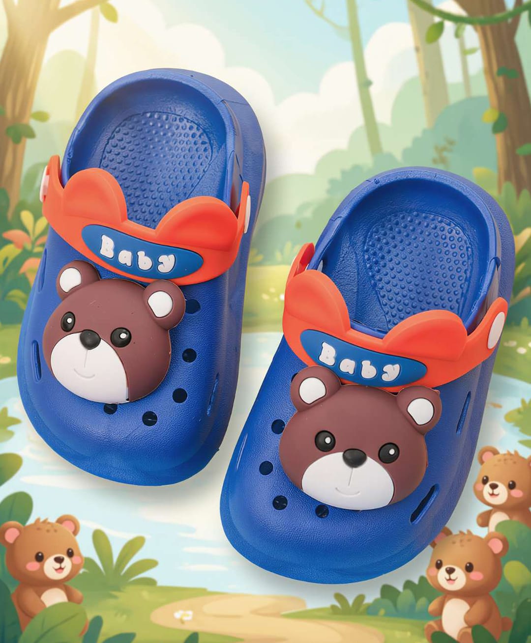 Yellow Bee Bear & Baby Text Applique Detailed Perforated Slingback Clogs - Blue-picture-40