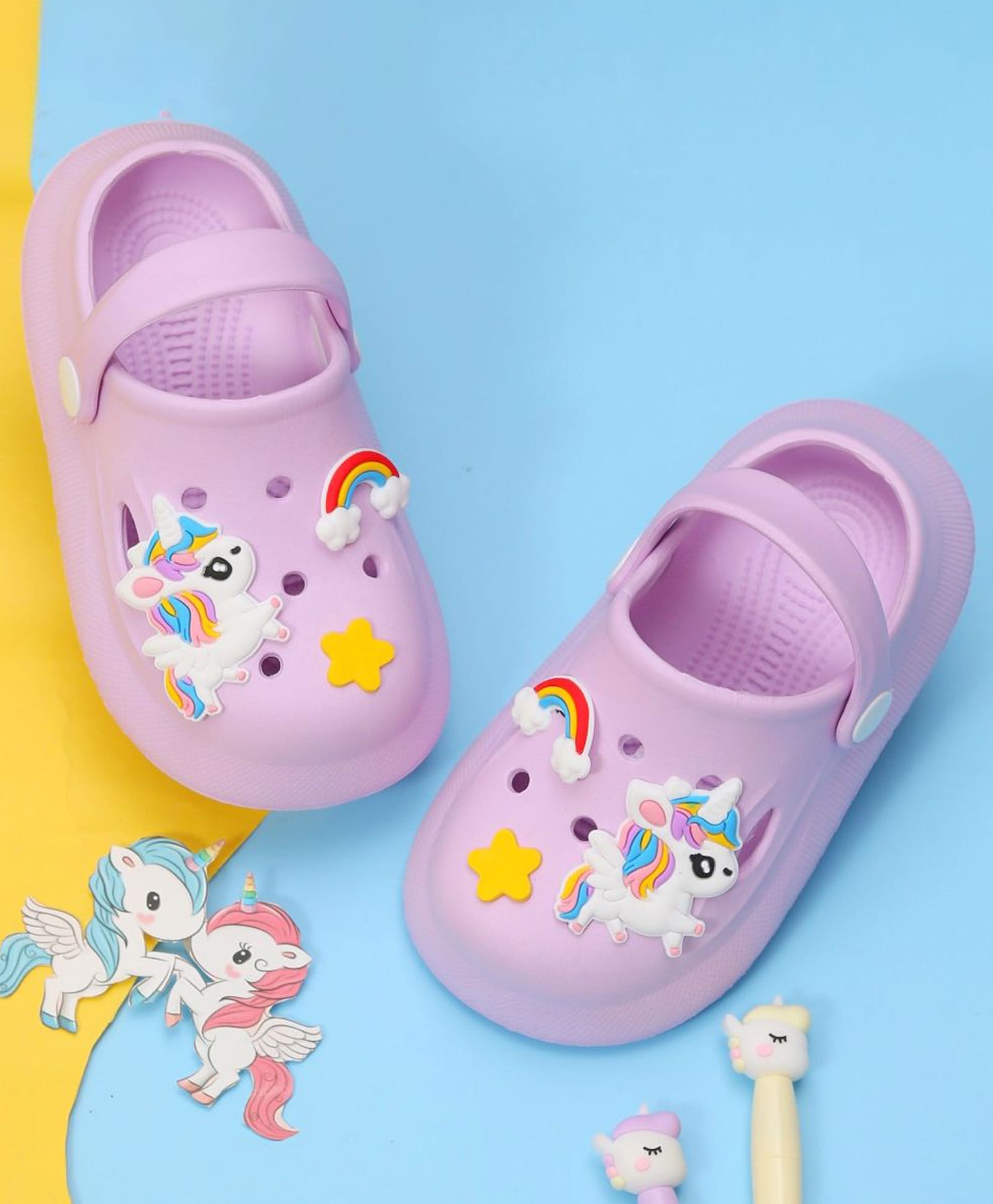 Yellow Bee Unicorn & Rainbow Applique Detailed Perforated Slingback Clogs - Purple-picture-25