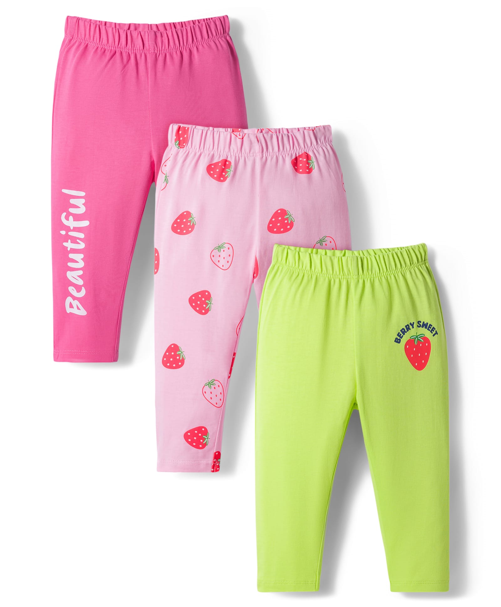 Doodle Poodle Single Jersey Knit Full Length Leggings With Strawberry & Text Print Pack of 3 - Pink & Limegreen-picture-27