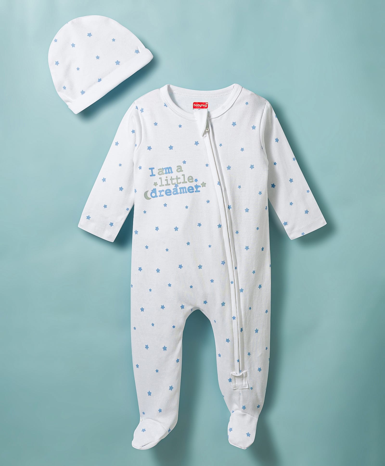 Babyhug Cotton Knit Full Sleeves Star Printed Sleepsuit With Cap - White-image-34