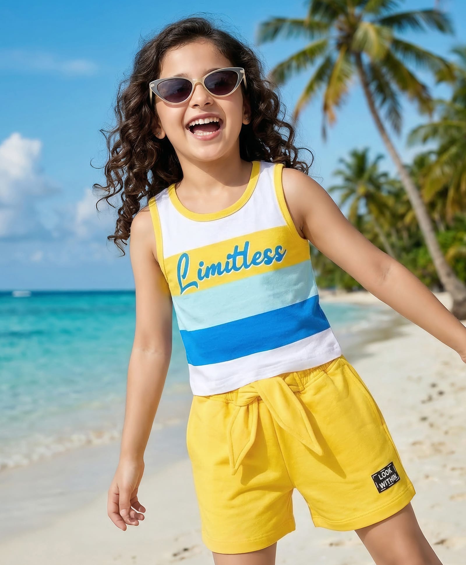 OLLINGTON ST. Cotton Knit Printed Sleeveless Top & Shorts - Multicolour & Yellow-picture-21