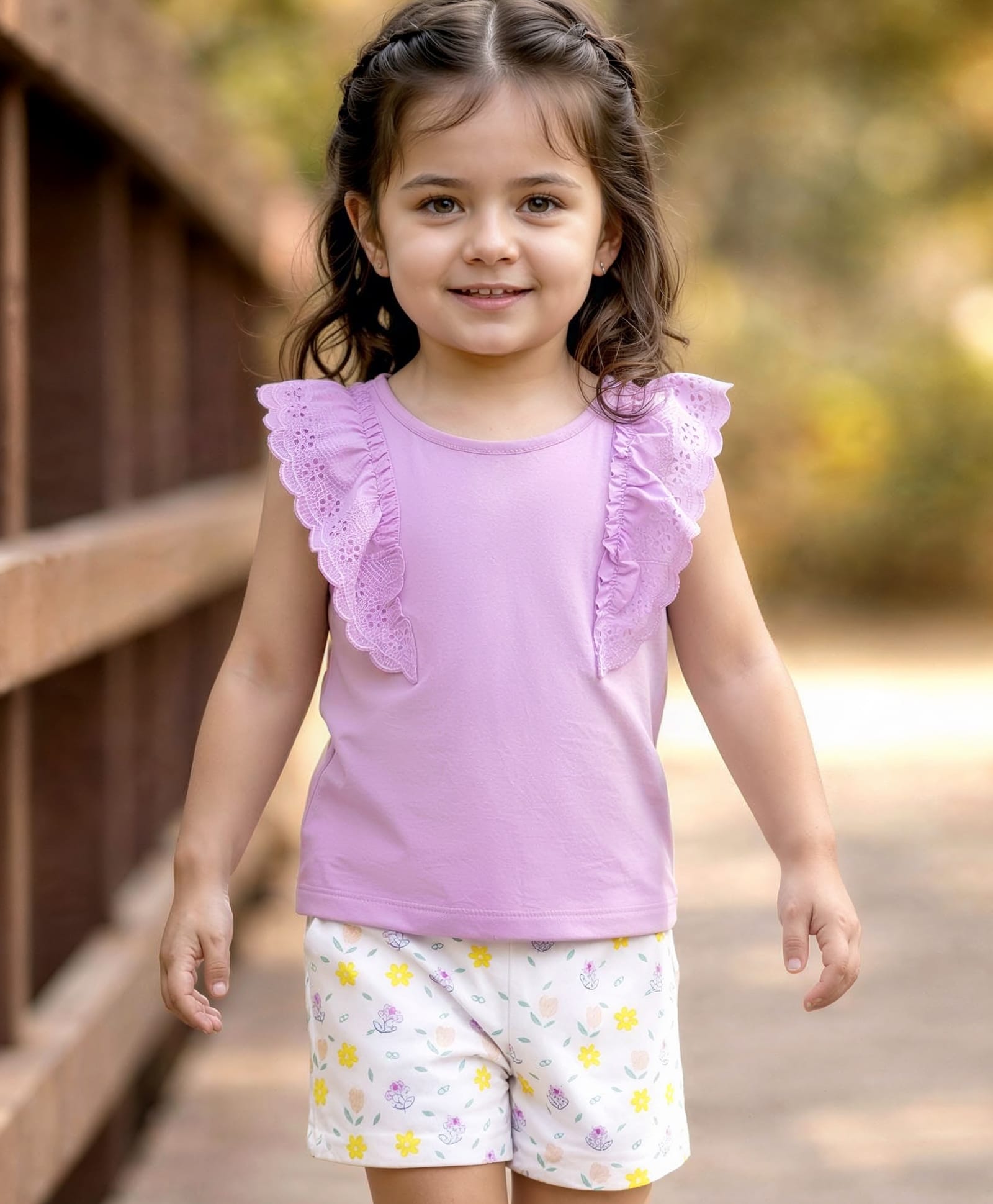 Babyhug Single Jersey Knit Half Sleeves Top & Shorts Set With Floral Print - Lavender & White-image-9