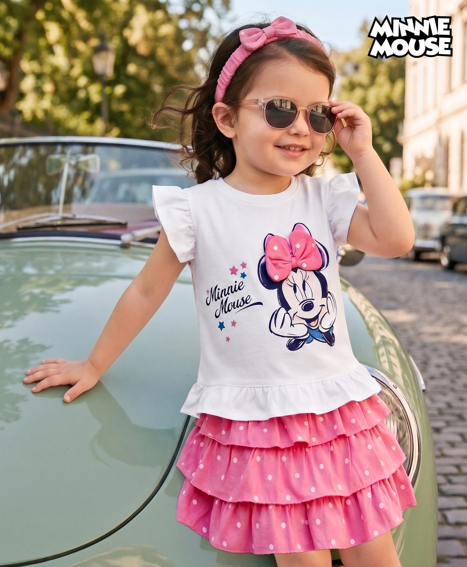 Babyhug Disney 100% Cotton Knit Half Frill Sleeves Top With Layered Skirt With Headband With Polka Dots & Minnie Mouse Graphic- White & Pink-image-26