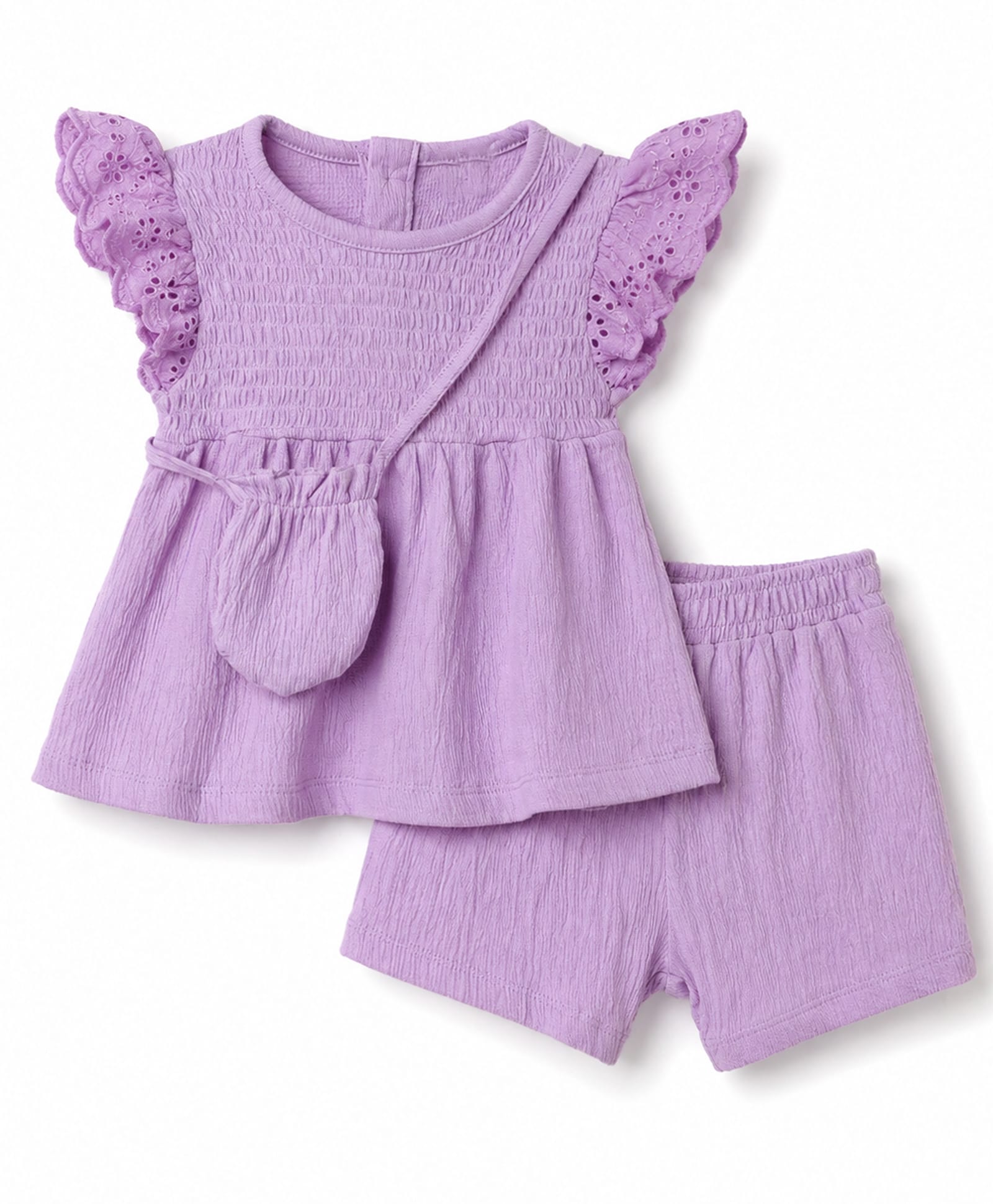 Babyhug Single Jersey Knit Half Frill Sleeves Solid Textured Top & Shorts Set With Sling Bag - Lavender-image-12