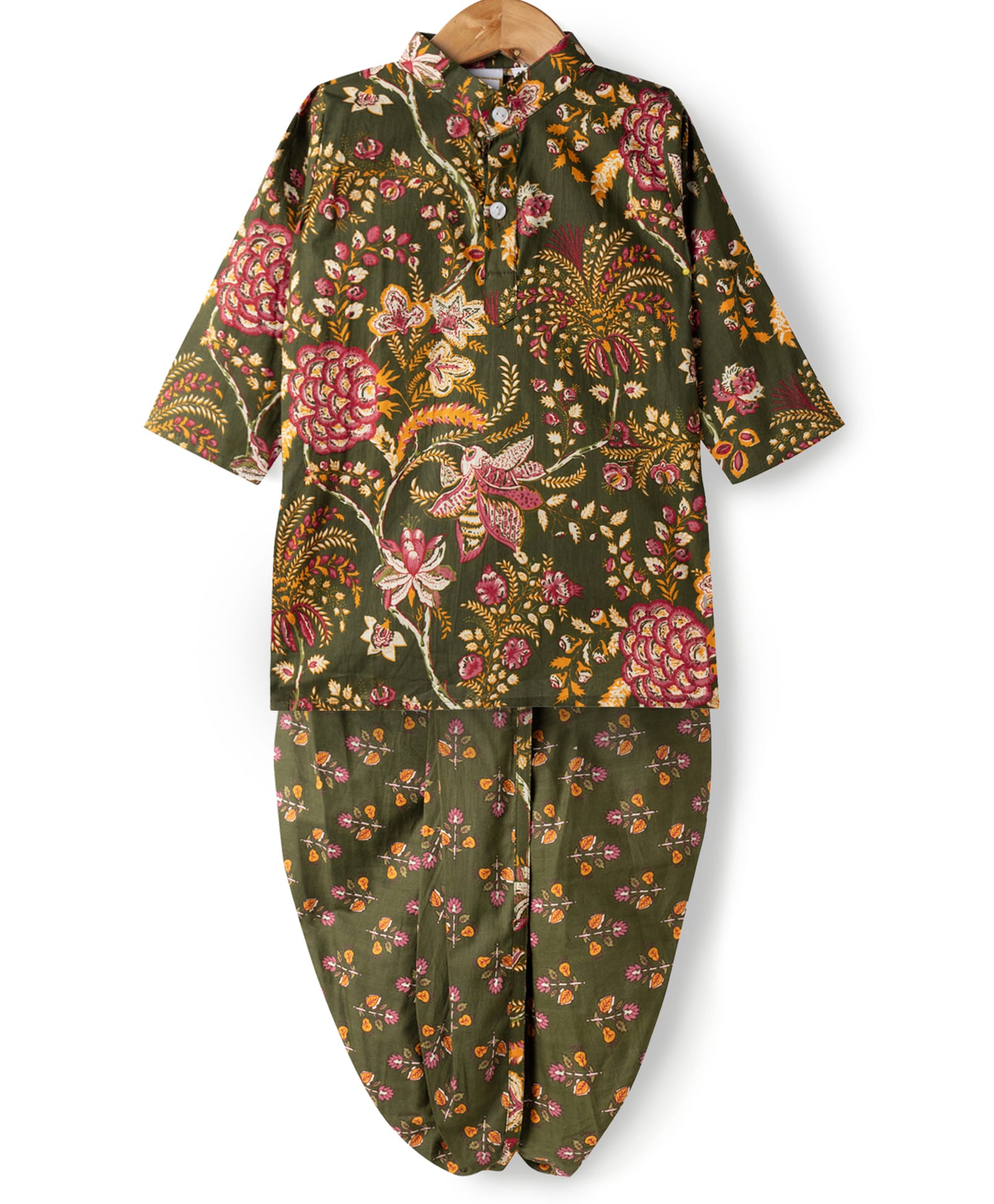 Teentaare Cotton Woven Full Sleeves Kurta Dhoti Set With Floral Print - Green-picture-24