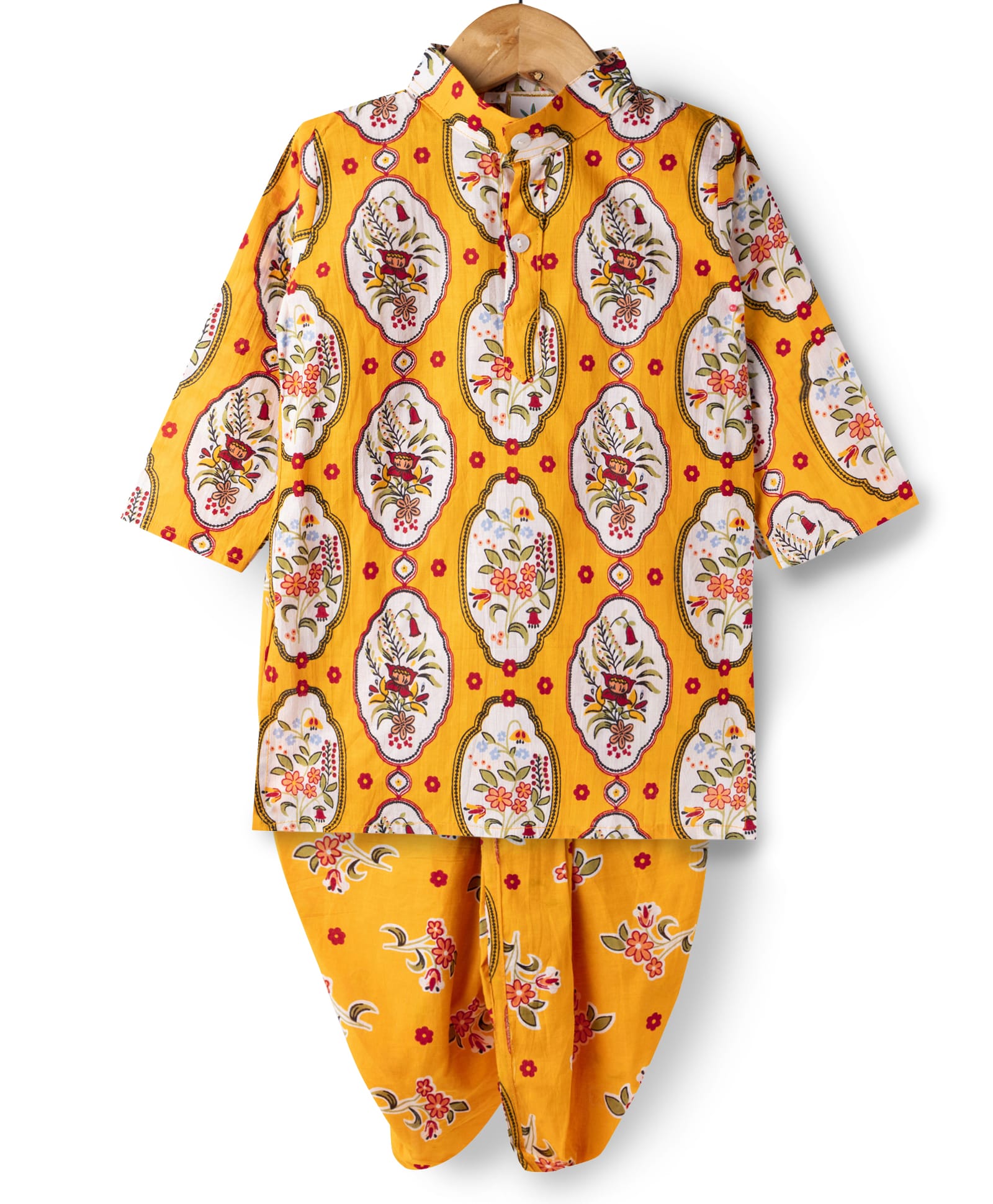Teentaare Cotton Woven Full Sleeves Kurta Dhoti Set With Floral Print - Yellow & Orange-image-42