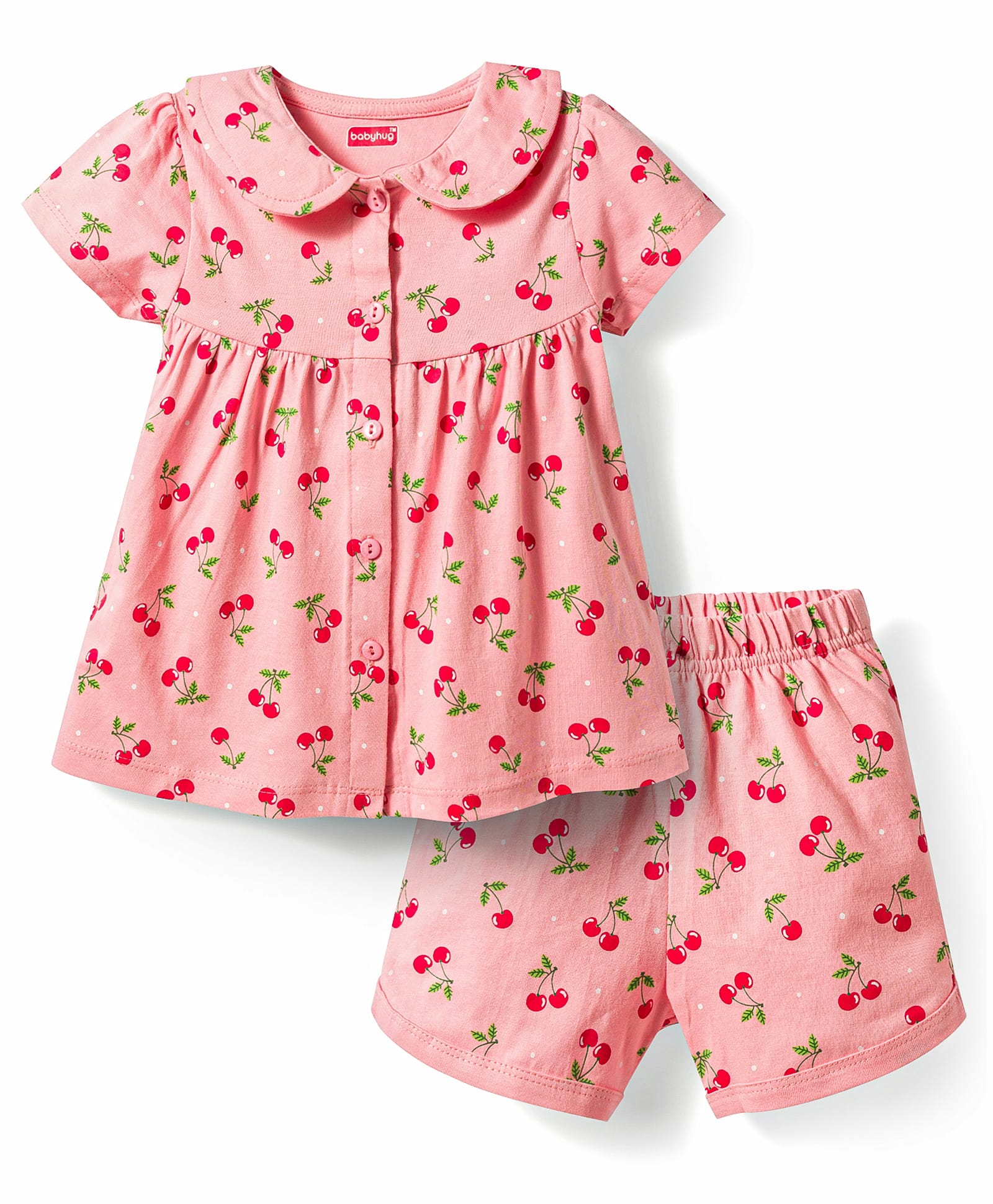 Babyhug Cotton Knit Half Sleeves Cherry Printed Co-Ords Top & Shorts Night Suit - Pink-image-5