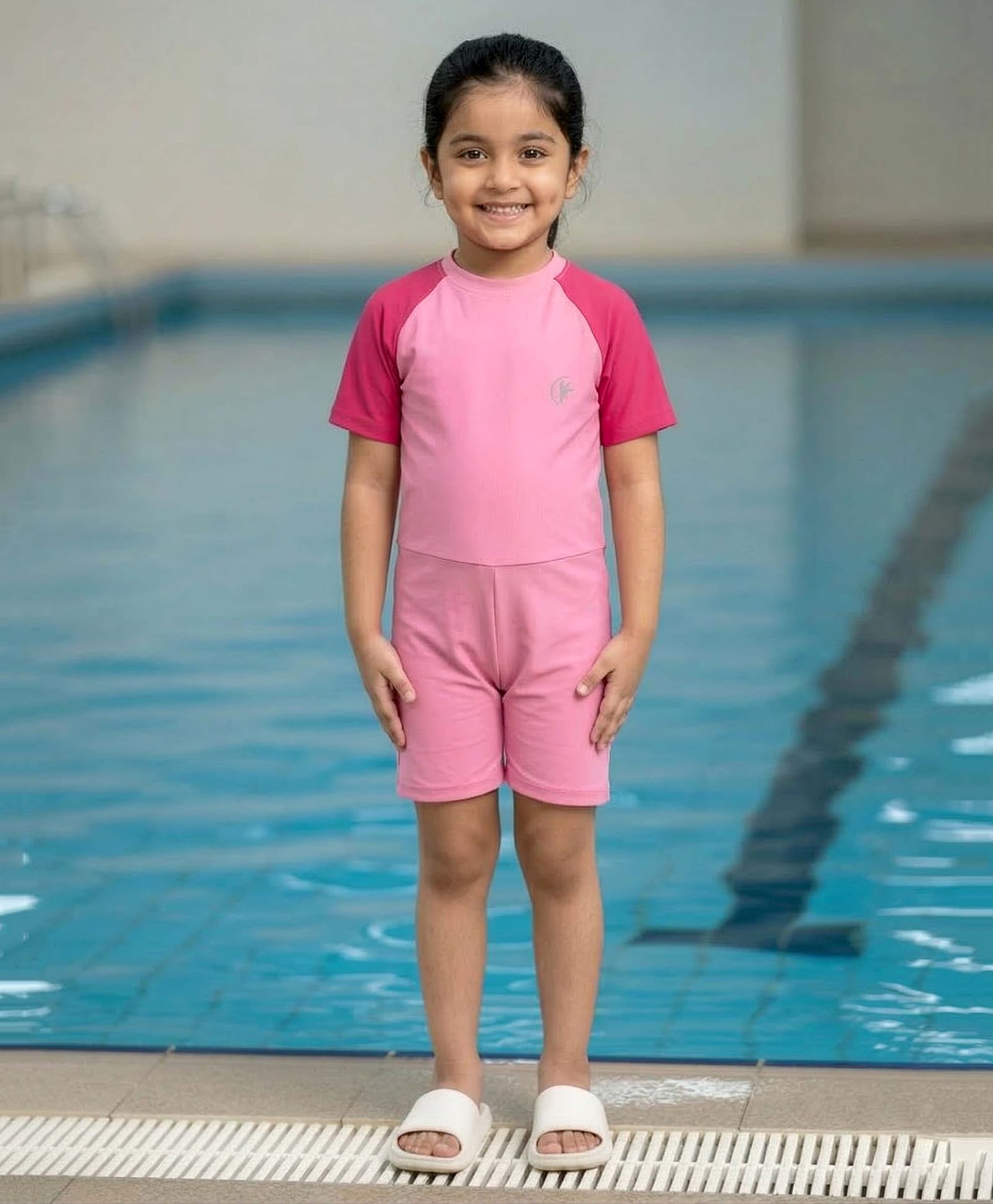Kiddopanti Half Raglan Sleeves Colour Blocked Swim Suit - Baby Pink & Fuchsia Pink-image-25