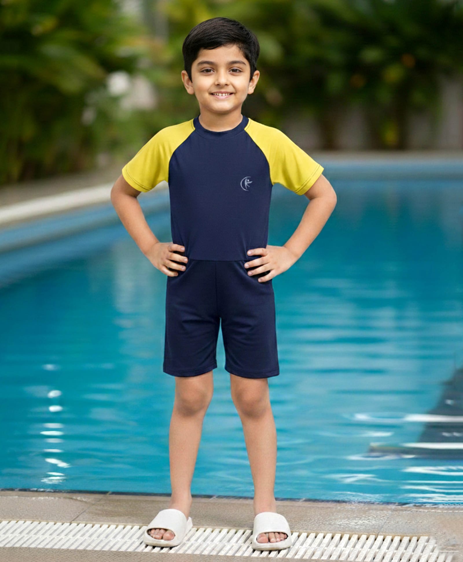 Kiddopanti Half Raglan Sleeves Colour Blocked Swim Suit - Navy Blue & Yellow-image-10
