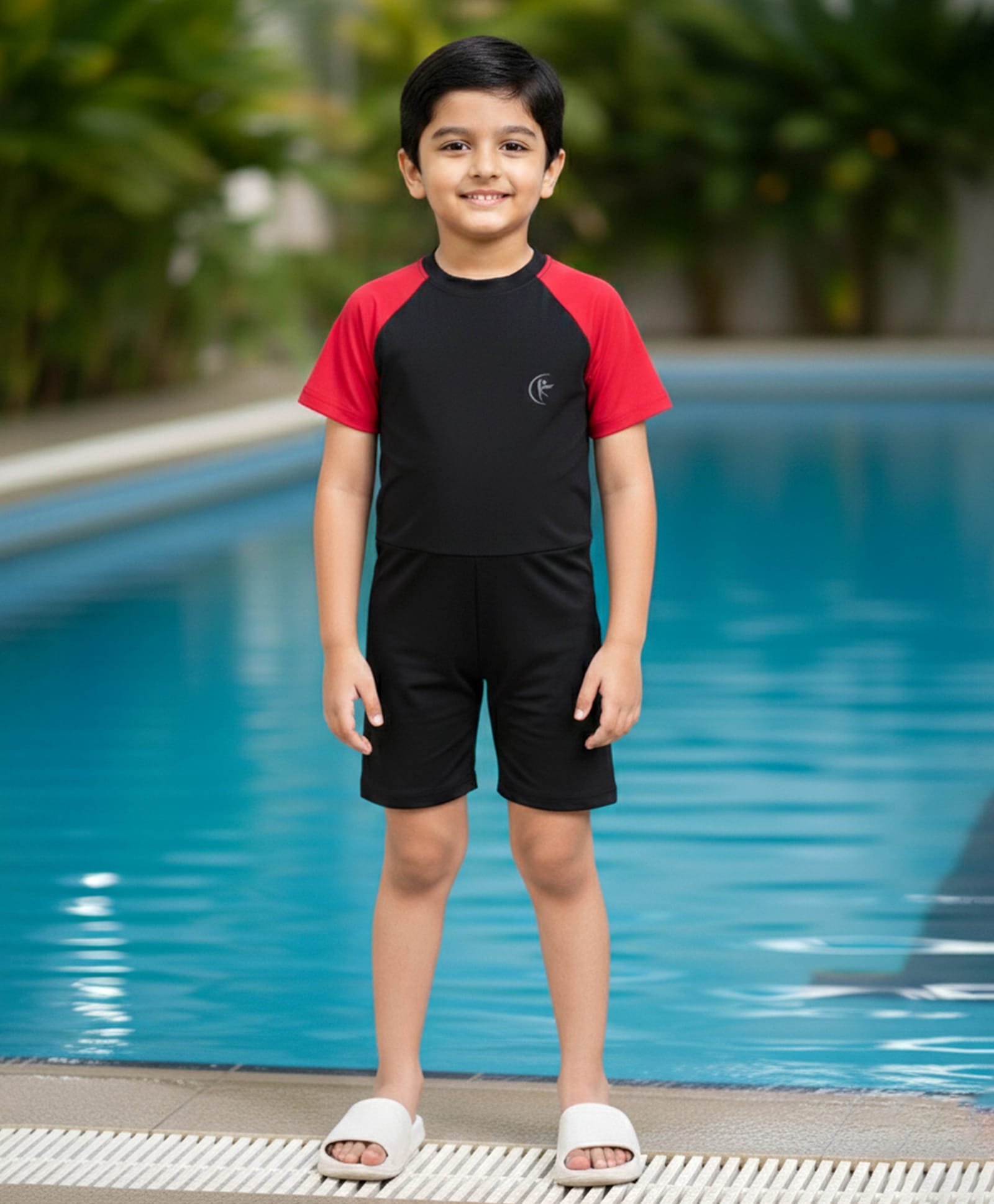 Kiddopanti Half Raglan Sleeves Colour Blocked Swim Suit - Black & Red-image-33