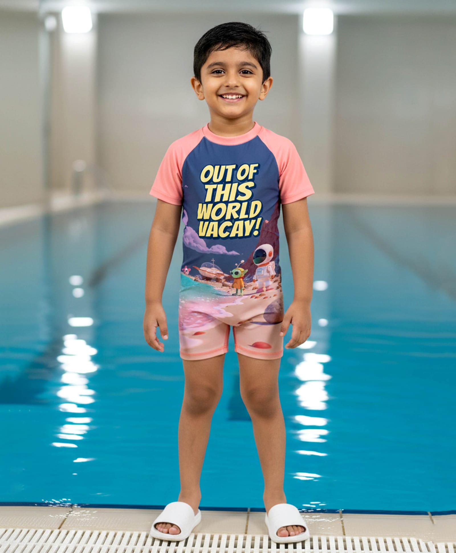 Kiddopanti Half Raglan Sleeves Out Of This World Vacay Text Printed Swimsuit - Blue & Peach-image-46