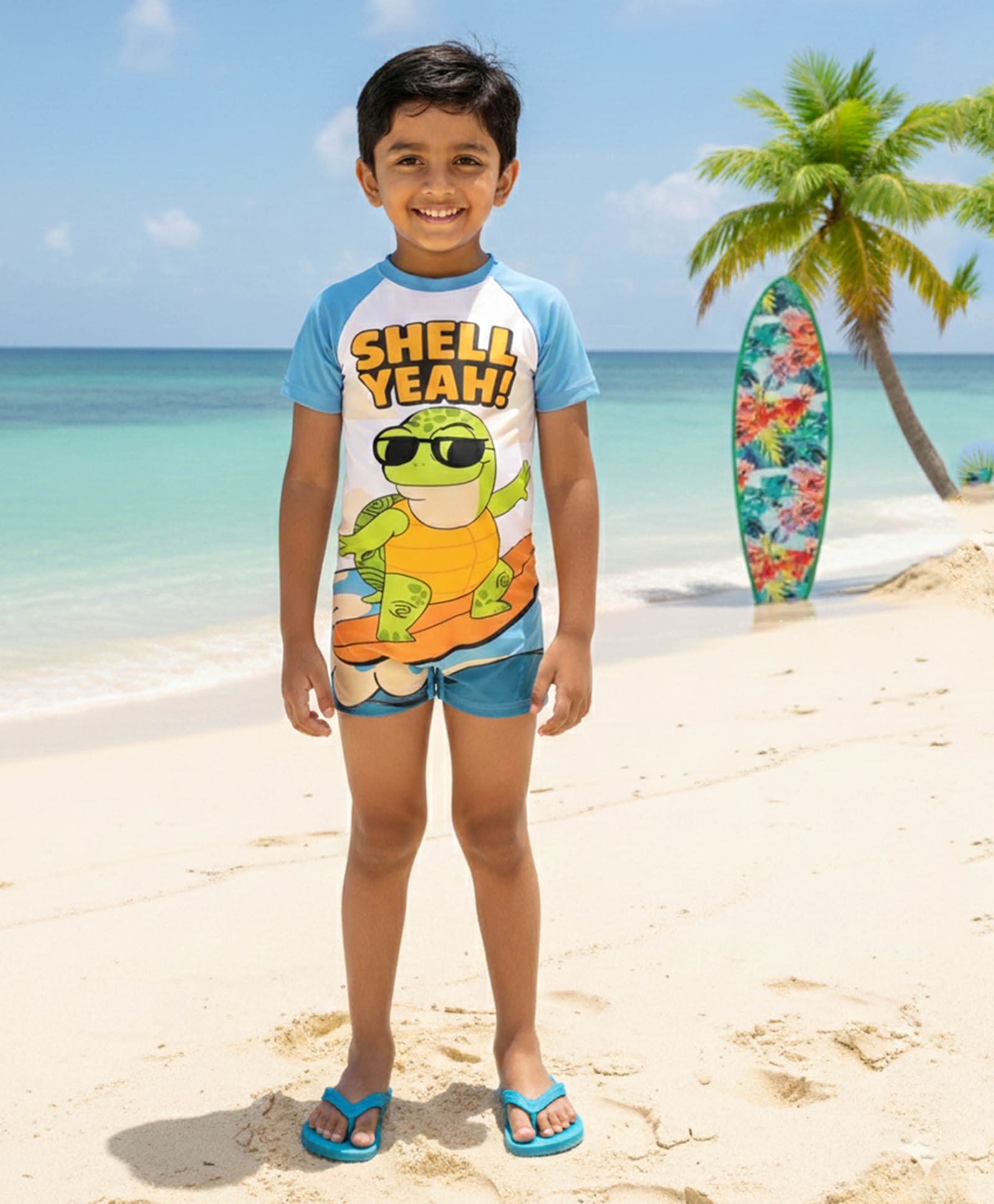 Kiddopanti Half Raglan Sleeves Surfing Turtle Printed Swimsuit - Multi Colour-image-35