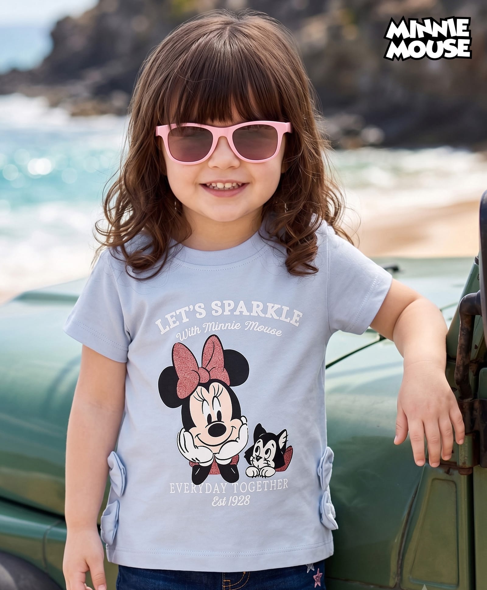 Babyhug Disney 100% Cotton Knit Half Sleeves T-Shirt With Minnie Mouse & Friends Graphic & Bow Applique - Light Blue-picture-17