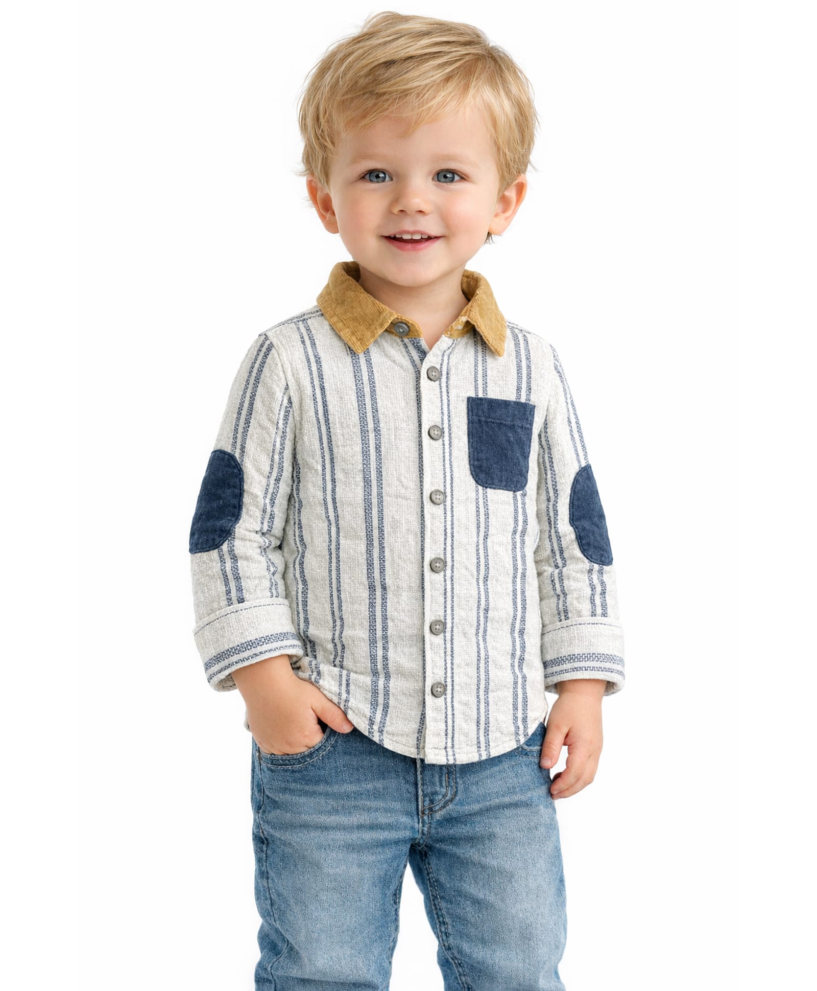 Spool Junior Cotton Woven Full Sleeves Striped Shirt - White & Blue-picture-28