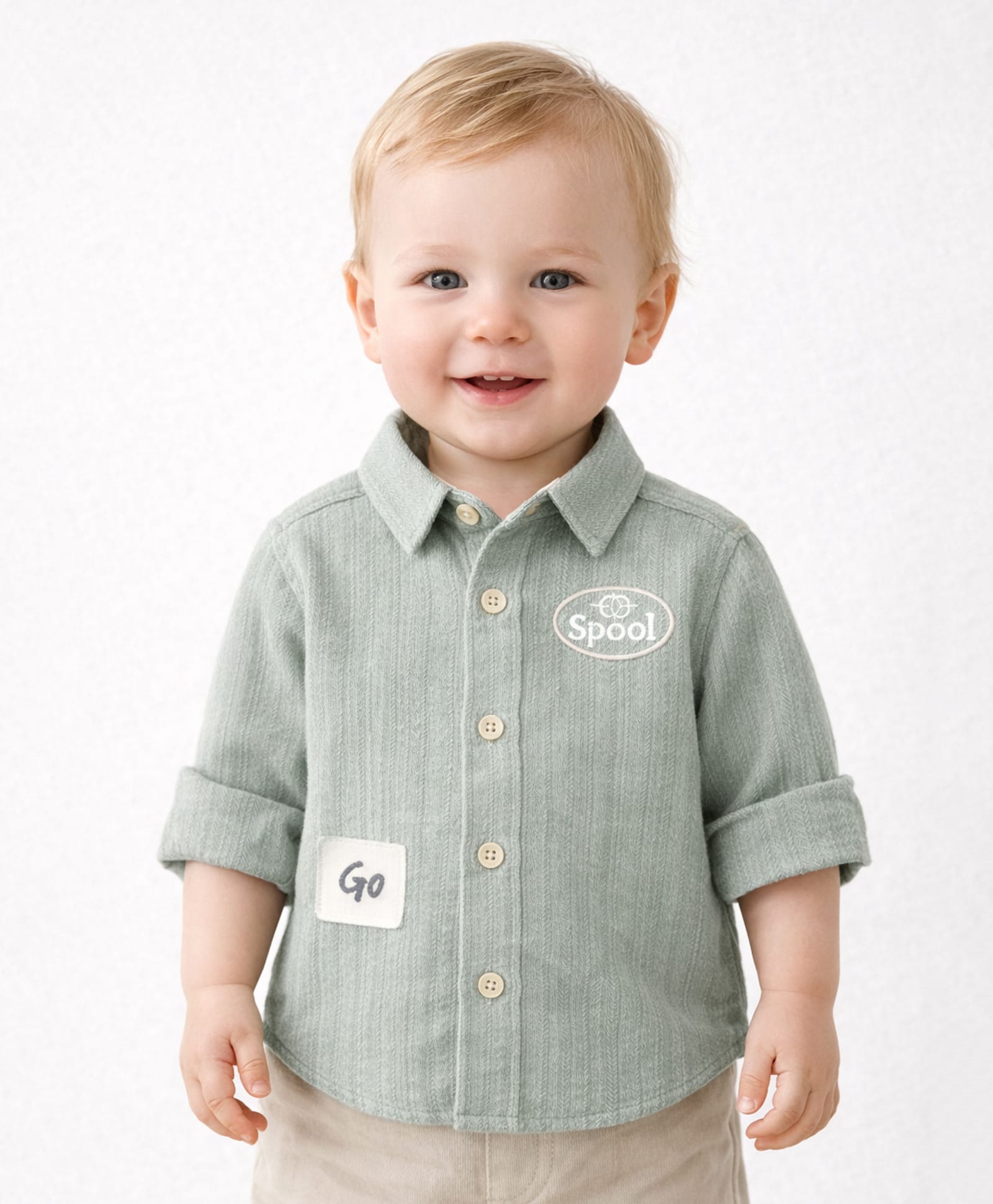 Spool Junior Cotton Woven Full Sleeves Go Text Patch Embroidered Shirt - Green-picture-27