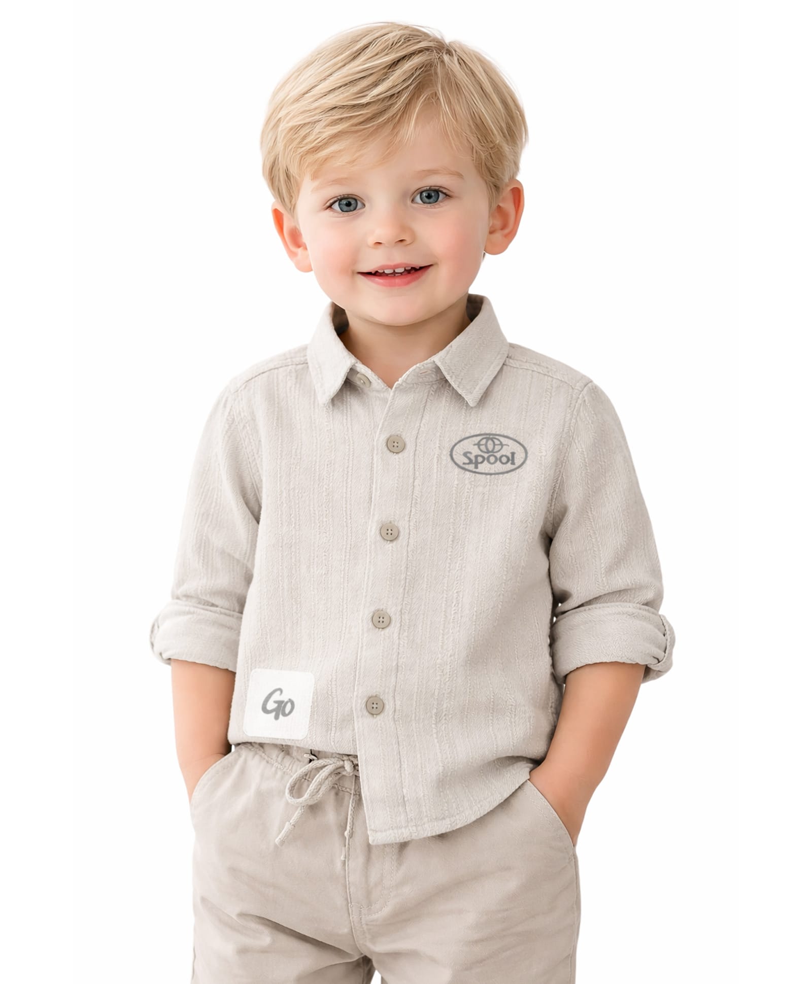 Spool Junior Cotton Woven Full Sleeves Go Text Patch Embroidered Shirt - Grey-picture-36