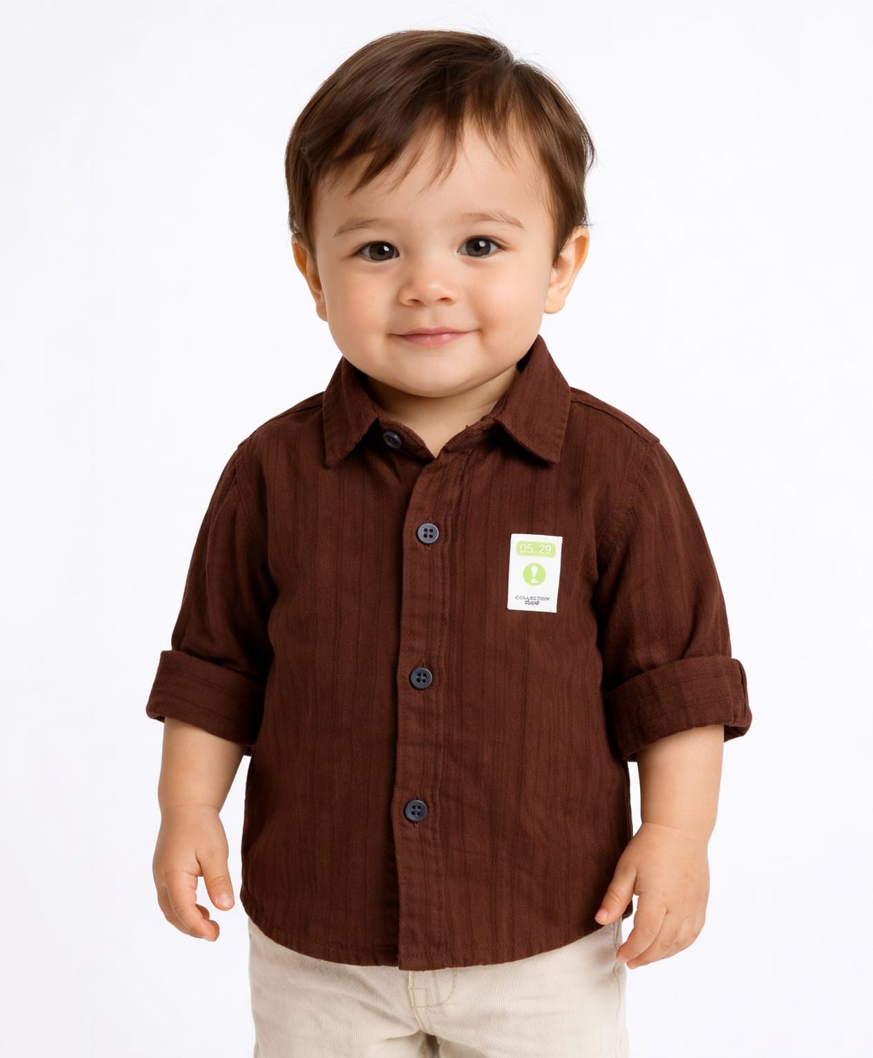 Spool Junior Cotton Woven Full Sleeves Patch Detailed Striped Shirt - Brown-picture-17