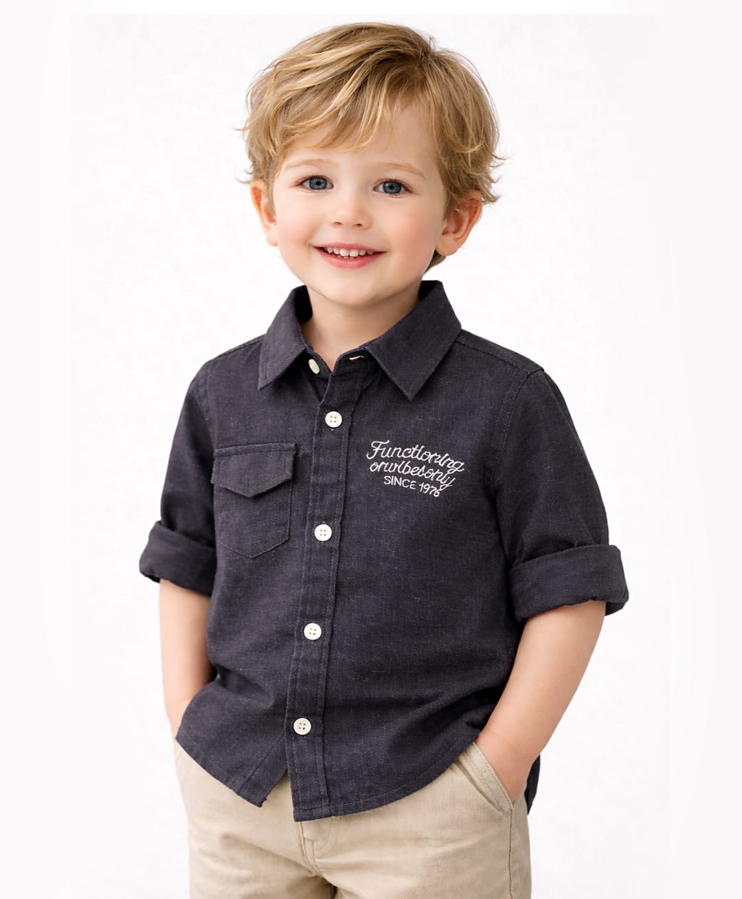 Spool Junior Cotton Woven Full Sleeves Functioning Text Embroidered Shirt - Dark Grey-picture-16