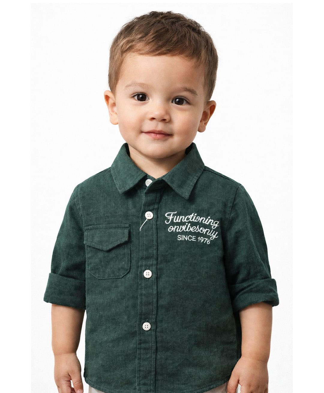 Spool Junior Cotton Woven Full Sleeves Functioning Text Embroidered Shirt - Dark Green-picture-12