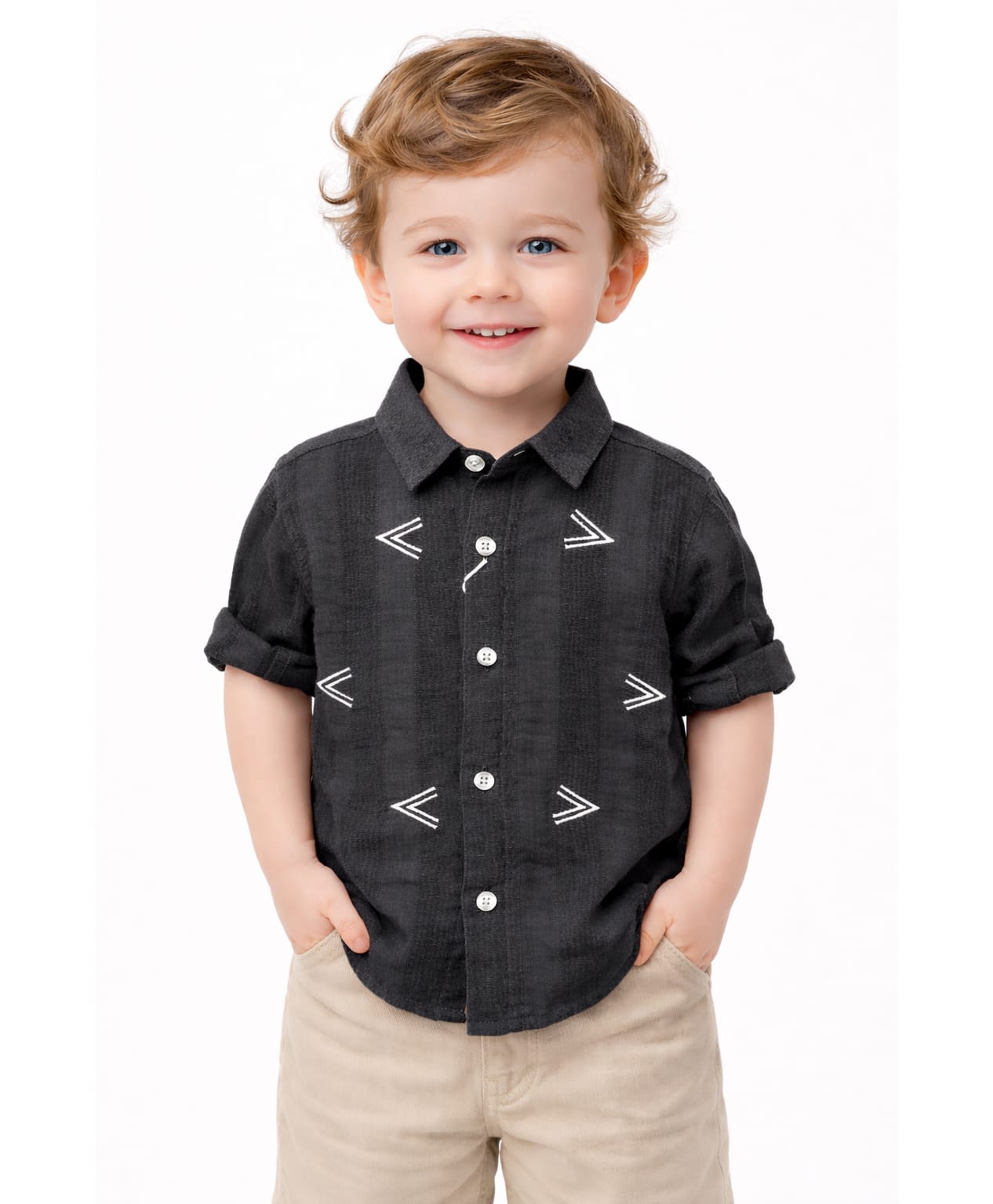 Spool Junior Cotton Woven Full Sleeve Arrow Embroidered Shirt - Black-picture-10