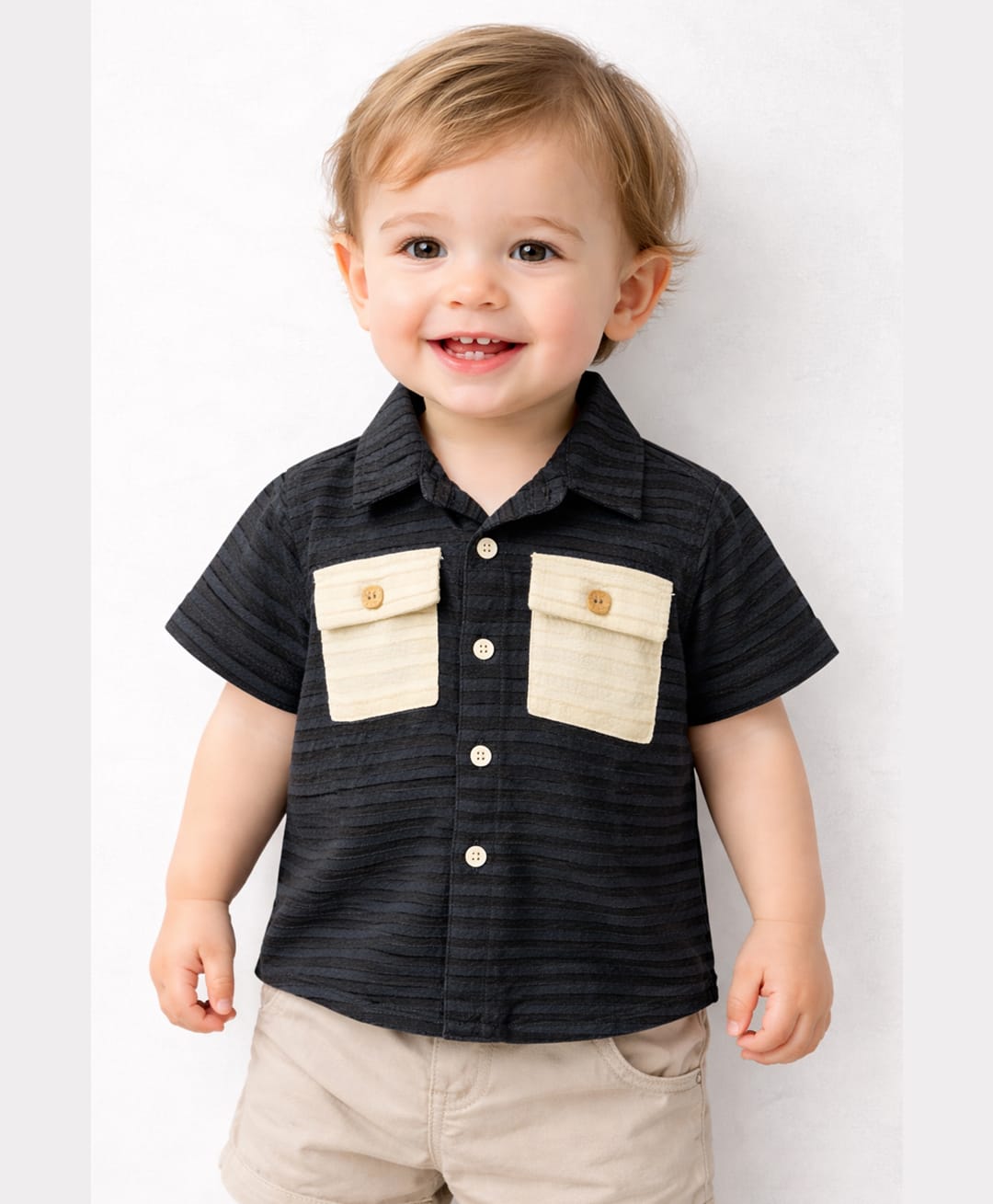 Spool Junior Cotton Woven Half Sleeves Striped Shirt - Black-picture-6