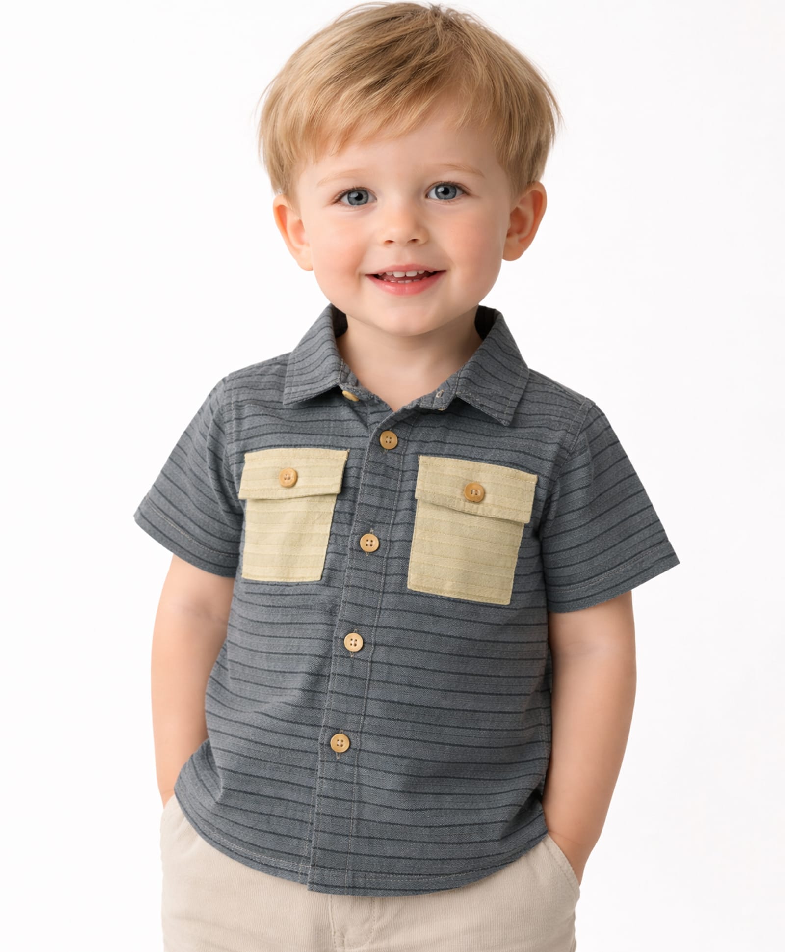 Spool Junior Cotton Woven Half Sleeves Striped Shirt - Grey-picture-27