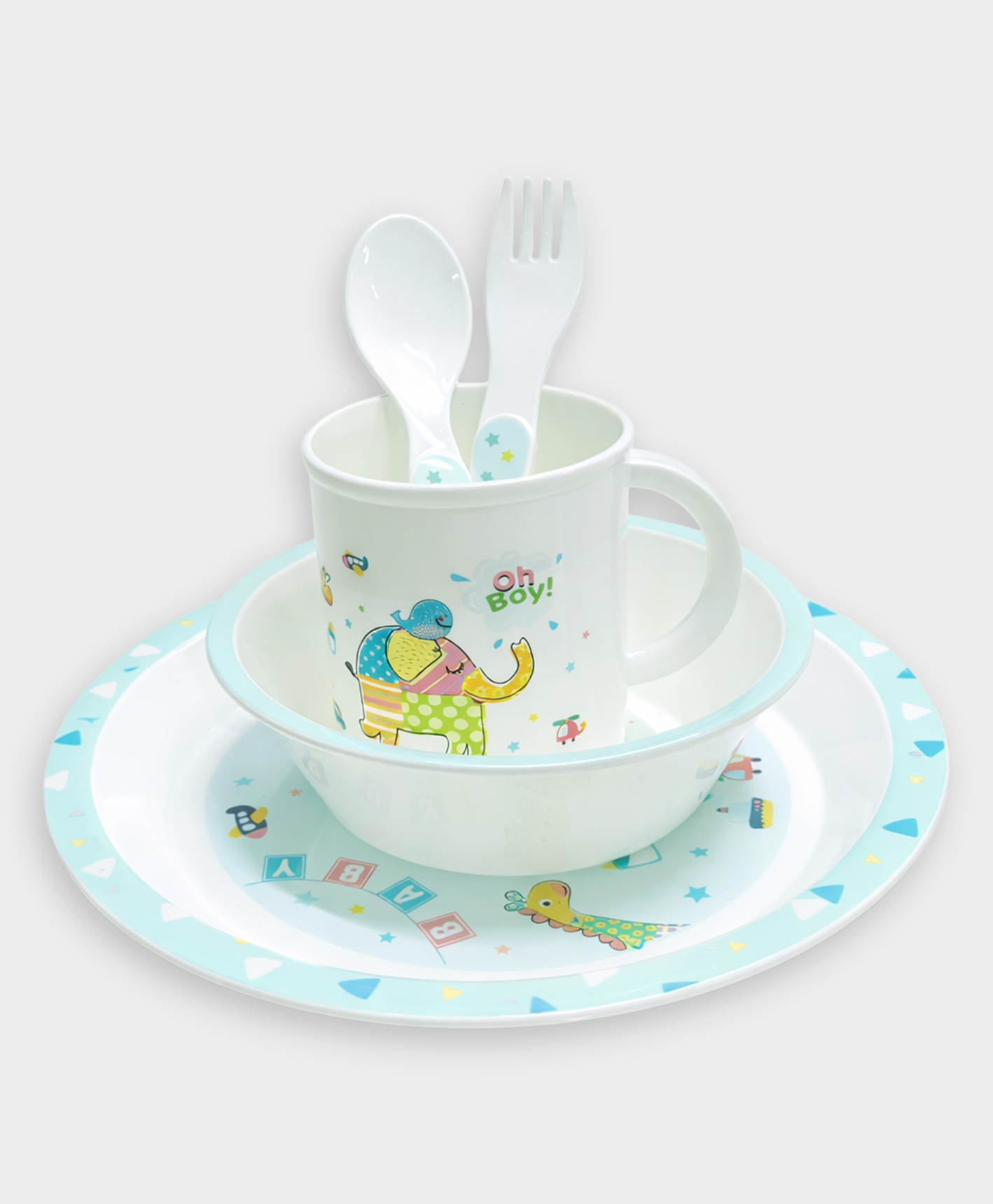 Mi Arcus Animal Print Baby Dinner Set Pack of 5 White & Green-image-2