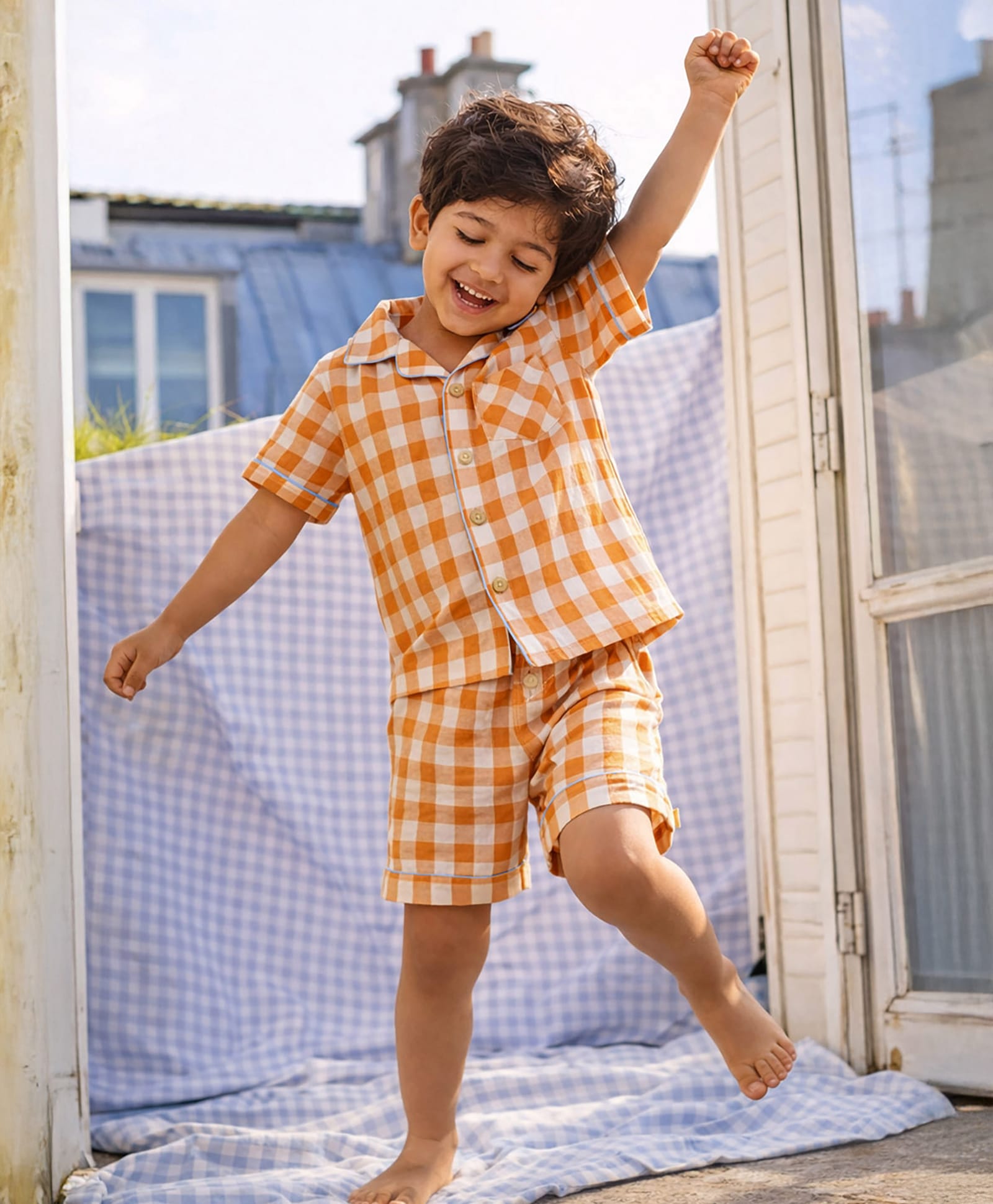 Somersault Cotton Woven Half Sleeves Gingham Checked Coordinating Shirt & Shorts Night Suit - Rust-picture-21