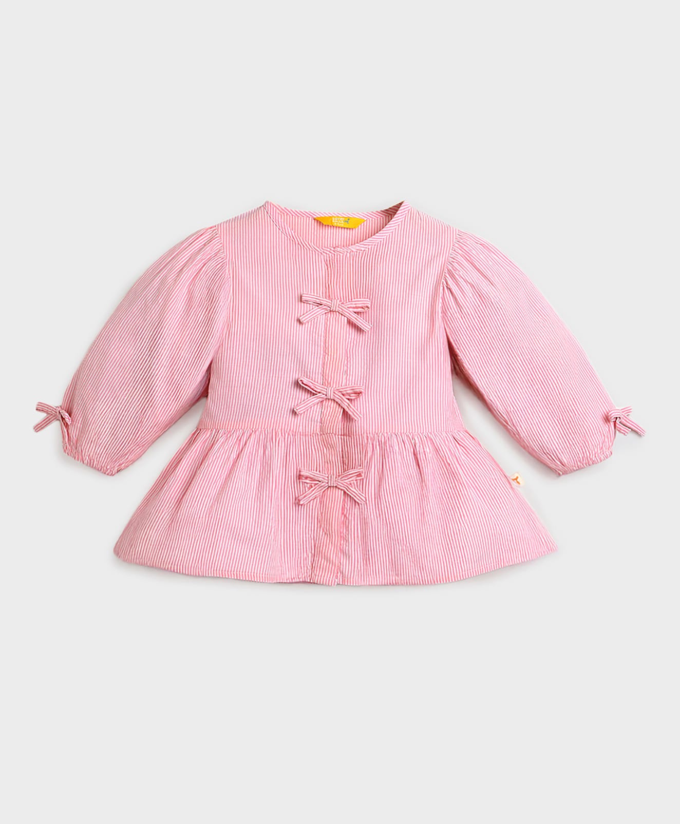 Somersault Cotton Woven Three Fourth Sleeves Striped & Bow Applique Detailed Peplum Top - Pink-picture-22