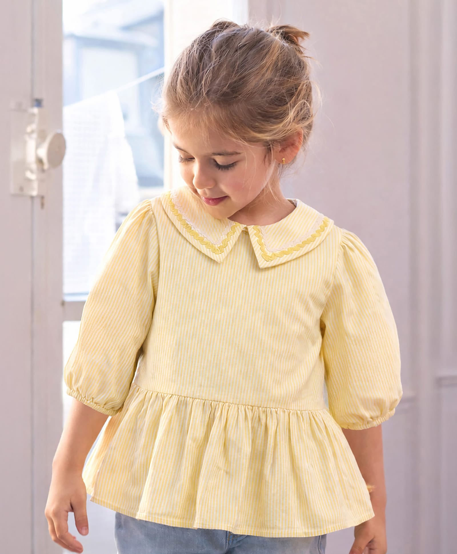 Somersault Cotton Woven Three Fourth Sleeves Striped Frock Style Top - Yellow-picture-19