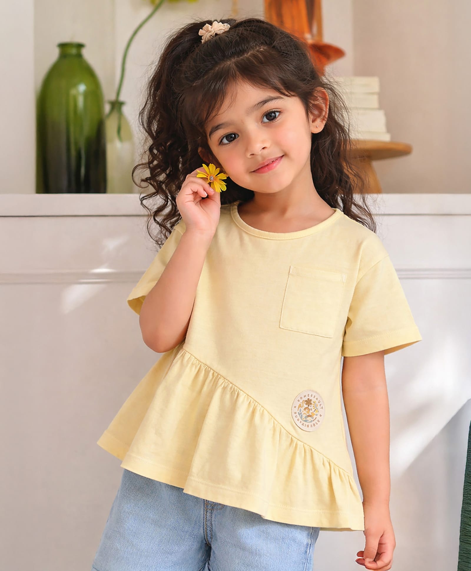 Somersault Cotton Knit Half Sleeves Brand Name Patch Detailed Top - Yellow-image-12