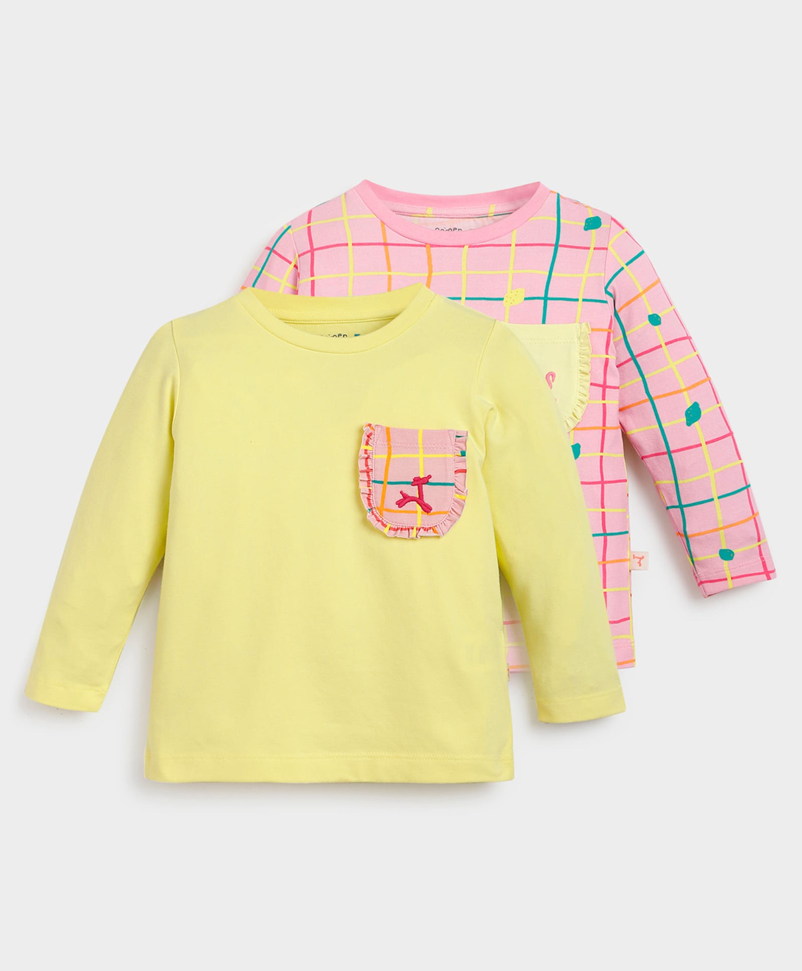 Somersault Cotton Knit Pack Of 2 Full Sleeves Checked & Brand Logo Embroidered Tees - Yellow & Pink-picture-37