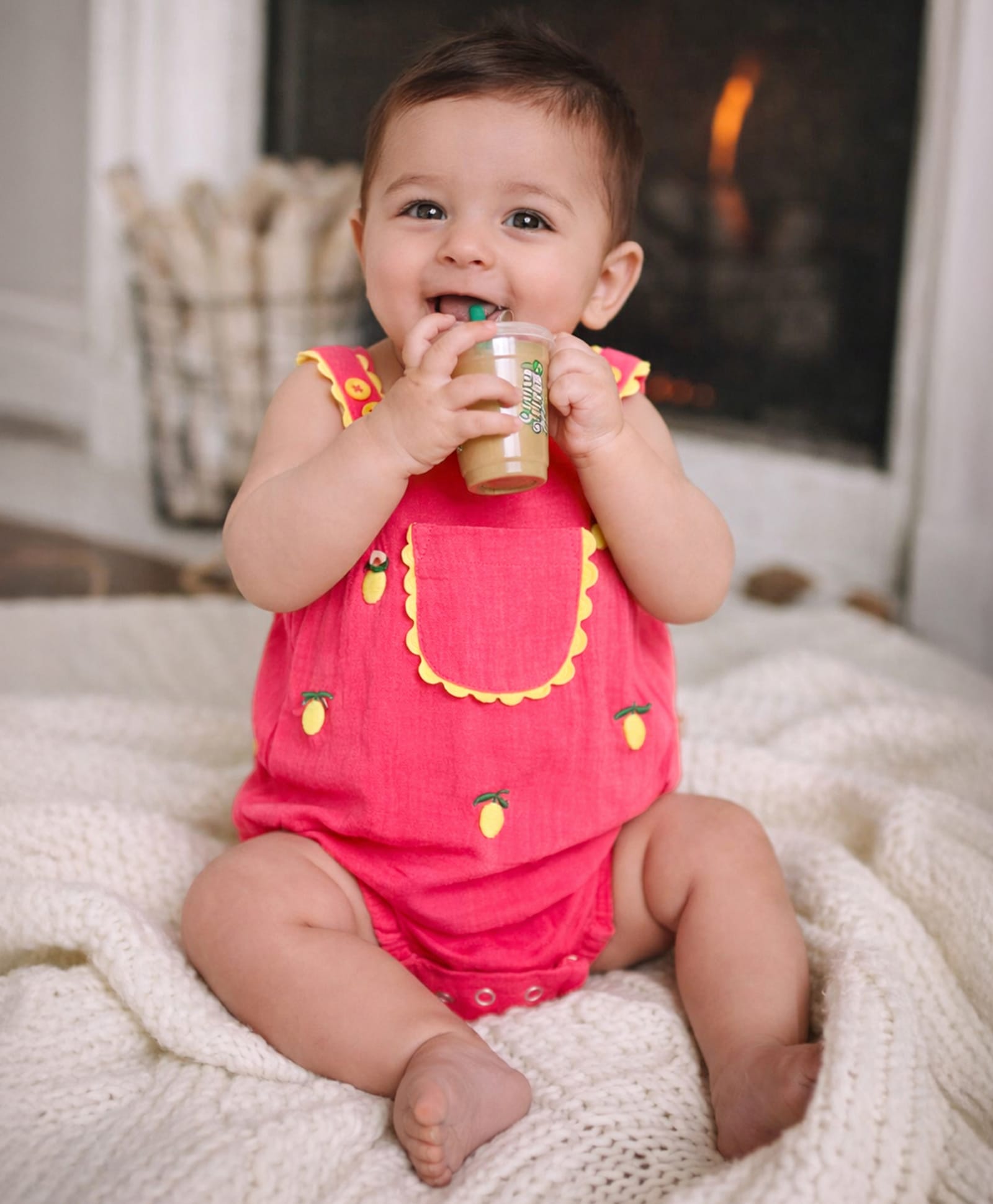 Somersault Cotton Woven Sleeveless Lemons Embroidered Onesie - Pink-picture-19