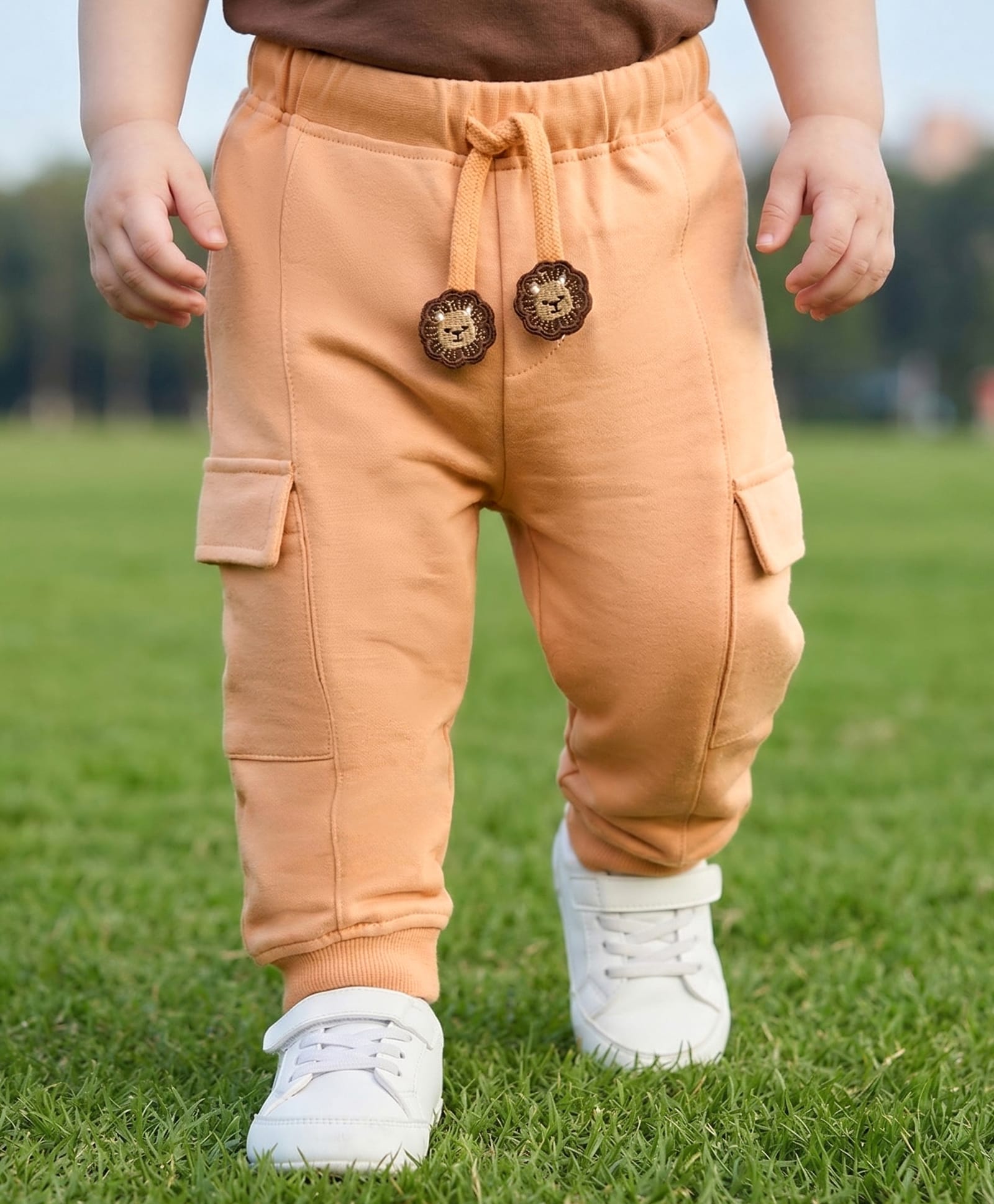 Babyoye 100% Cotton Knit Full Length Solid Cargo Pant - Light Brown-image-26