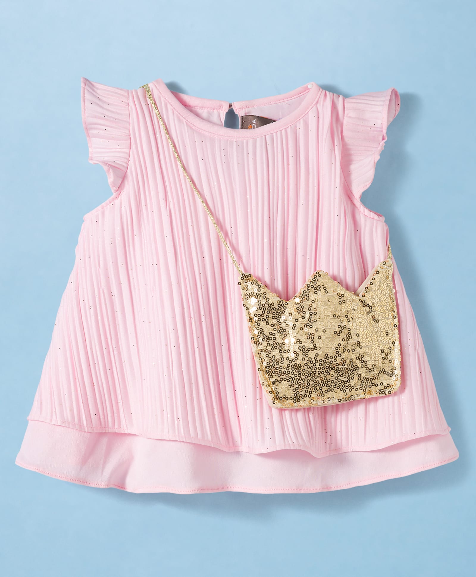 Little Kangaroos Knit Frill Sleeves Shimmer Party Top with Sling Bag - Pink-image-17