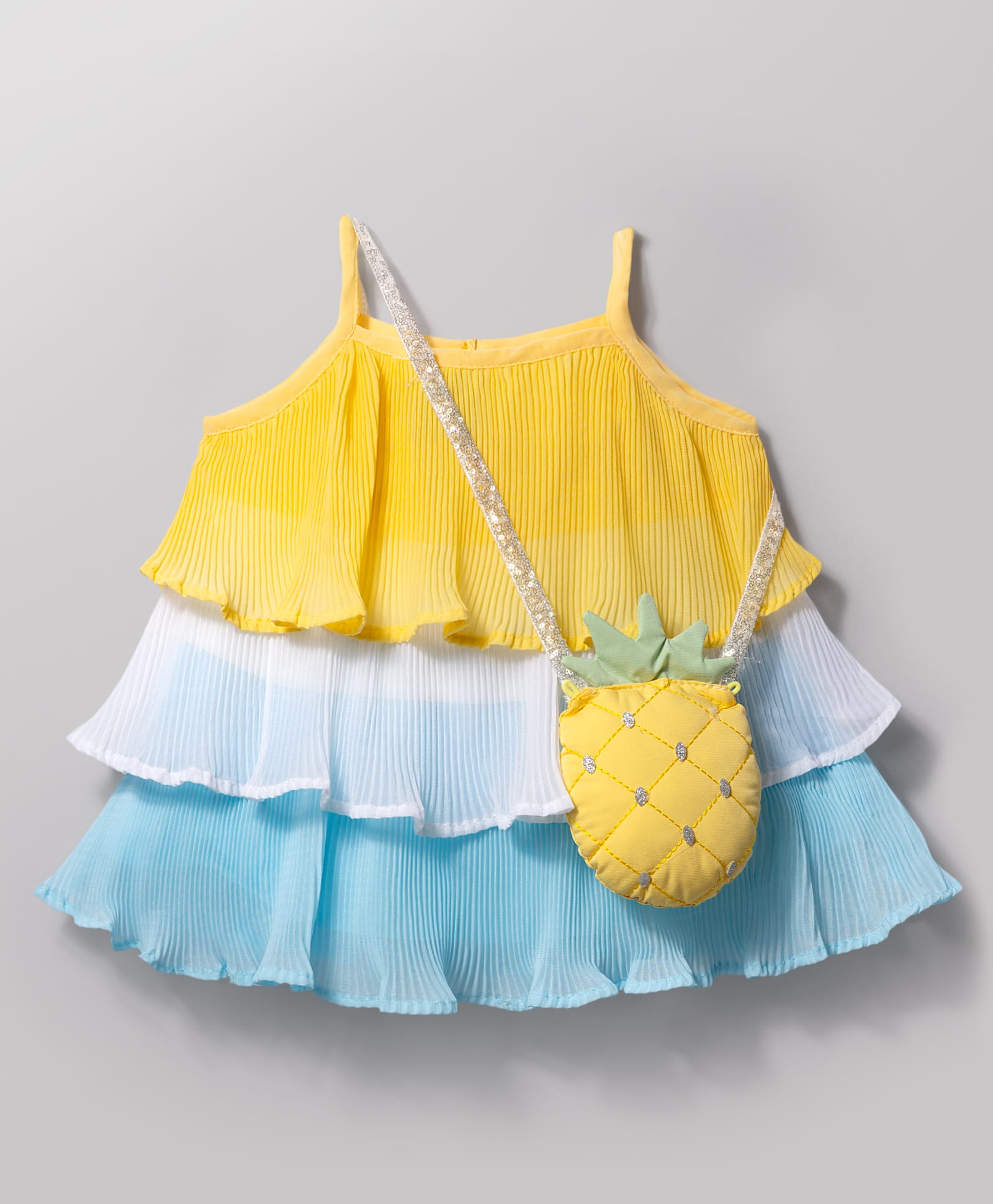 Little Kangaroos Knit Sleeveless Layered Party Top with Sling Bag & Sequin Detailing - Yellow-image-13