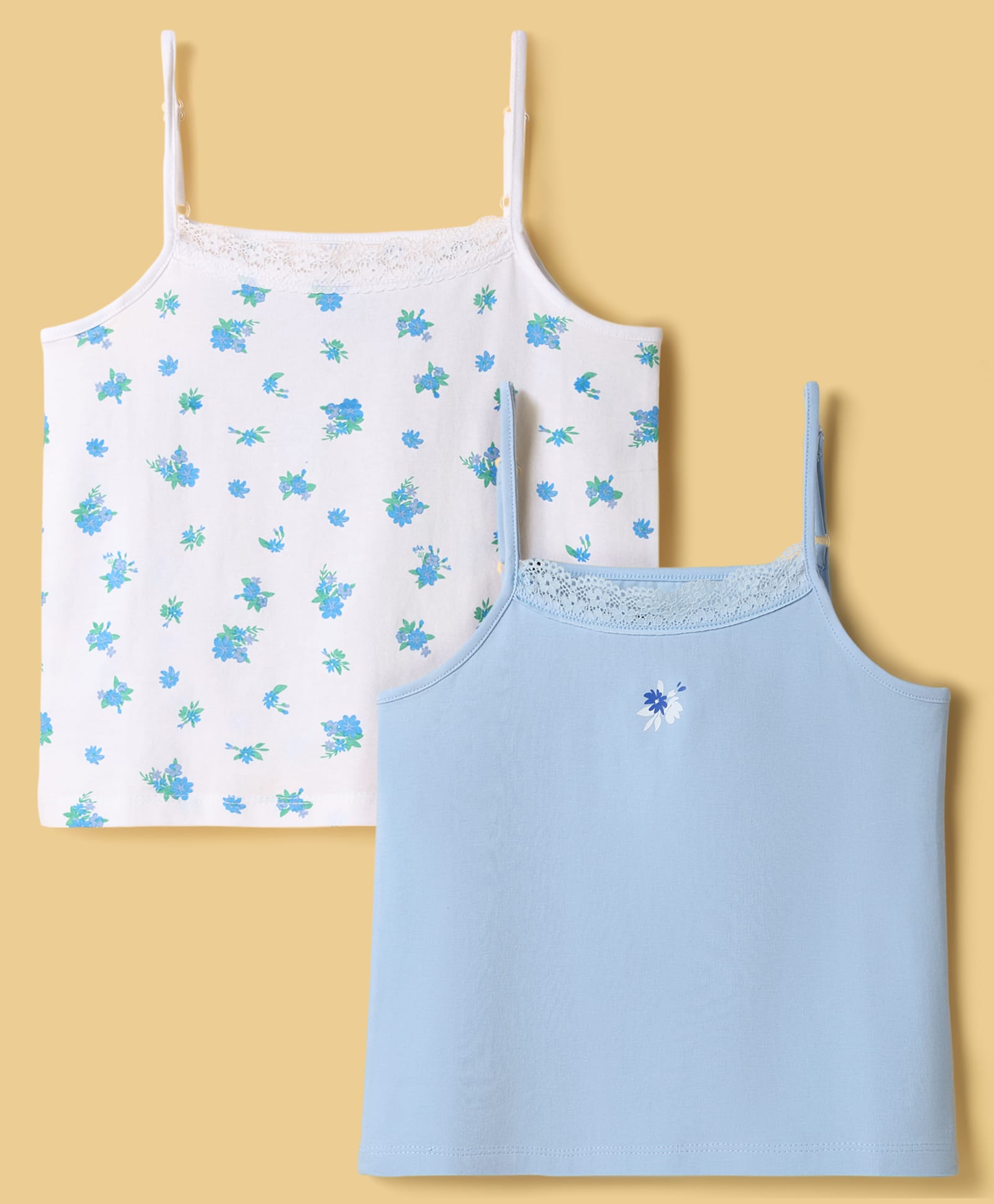 Honeyhap Premium Cotton Elastane Knit with Bio Finish Sleeveless Slips with Floral Print Pack of 2 - Bright White & Dutch Canal-picture-35