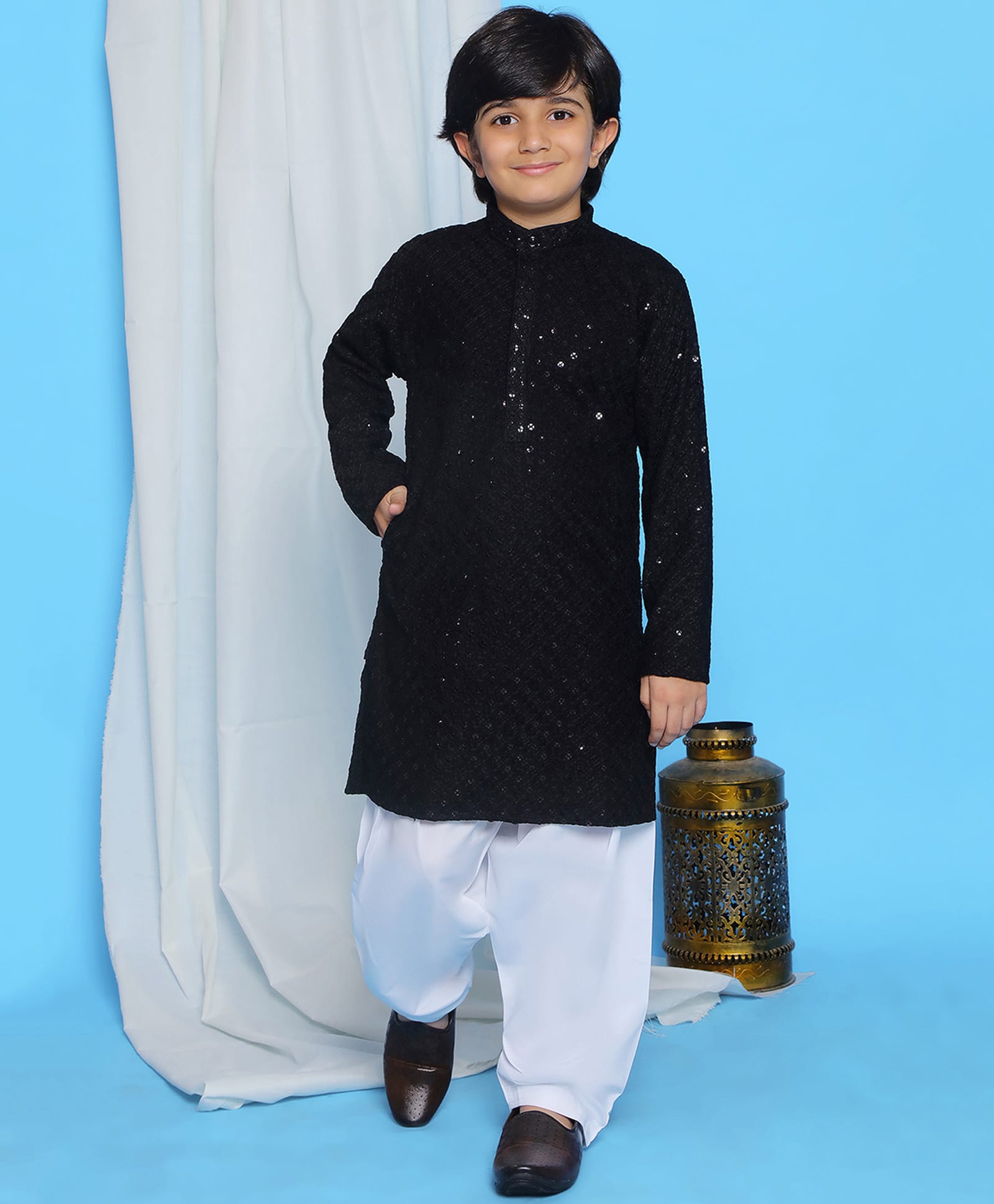 AJ Dezines Cotton Blend Woven Full Sleeves Geometric Embroidered Sequins Embellished Kurta & Pyjama Set - Black-picture-38