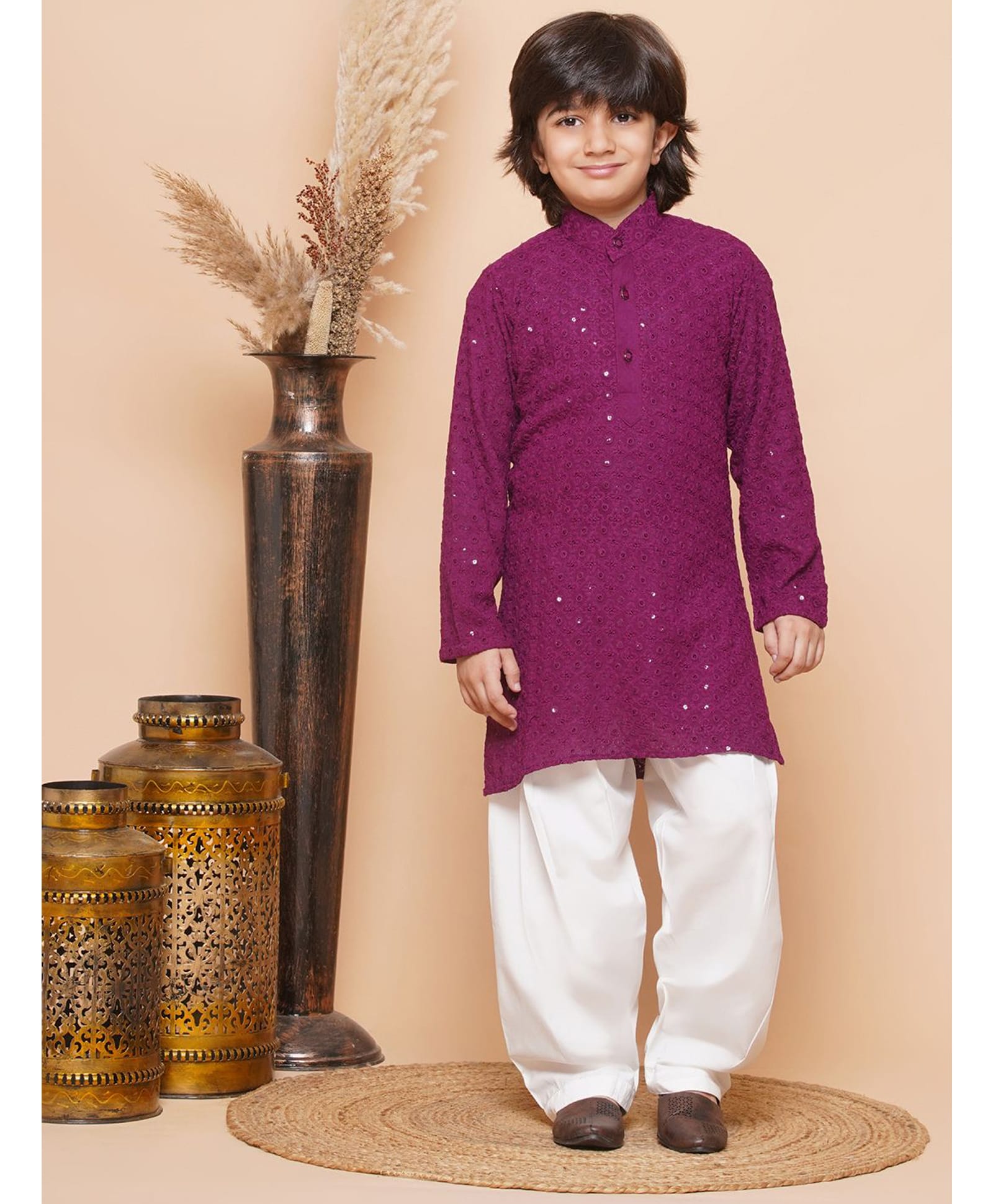 AJ Dezines Cotton Blend Woven Full Sleeves Geometric Embroidered Sequins Embellished Kurta & Pyjama Set - Purple-image-46
