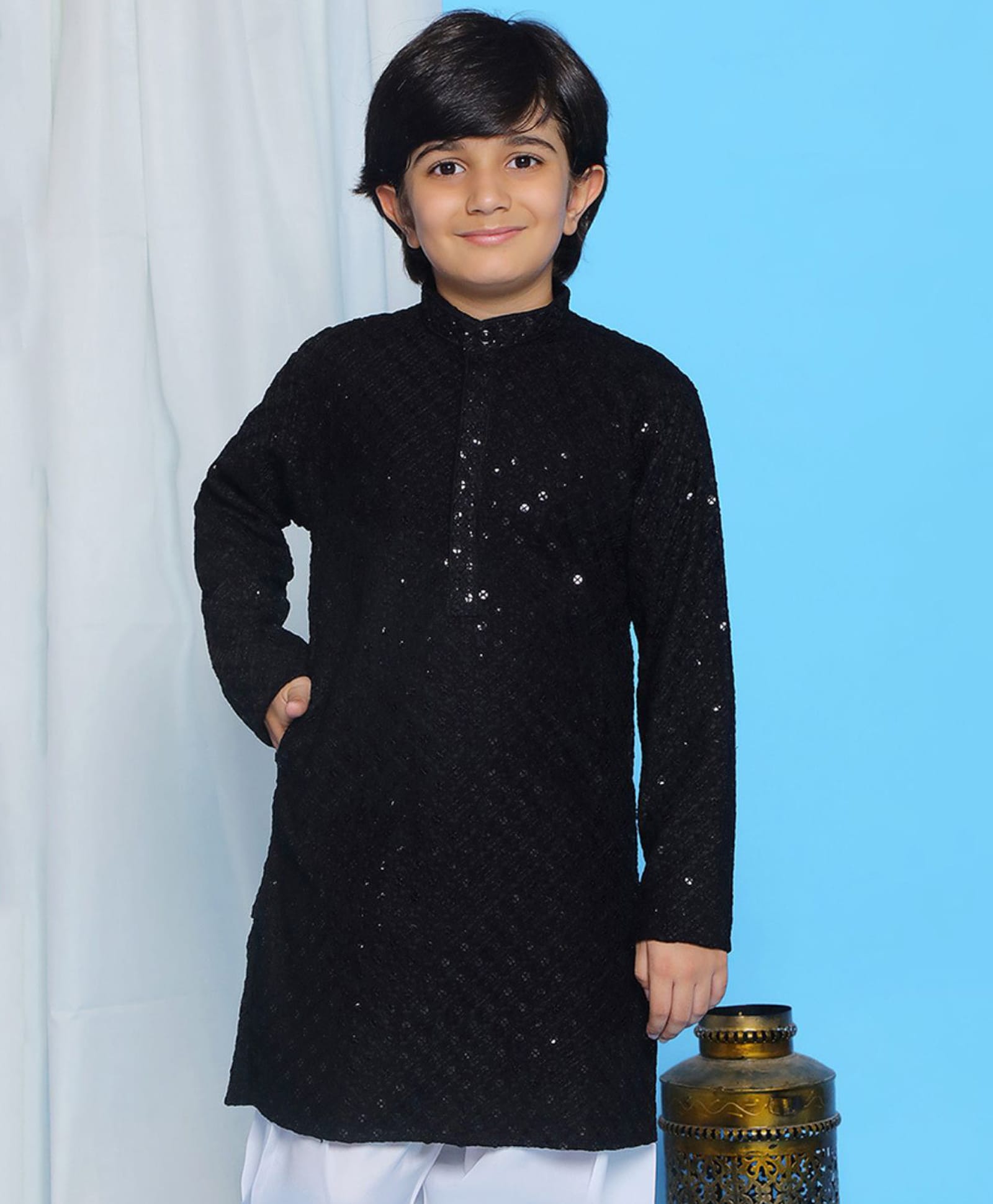 AJ Dezines Cotton Blend Woven Full Sleeves Geometric Embroidered Sequins Embellished Kurta - Black-picture-43