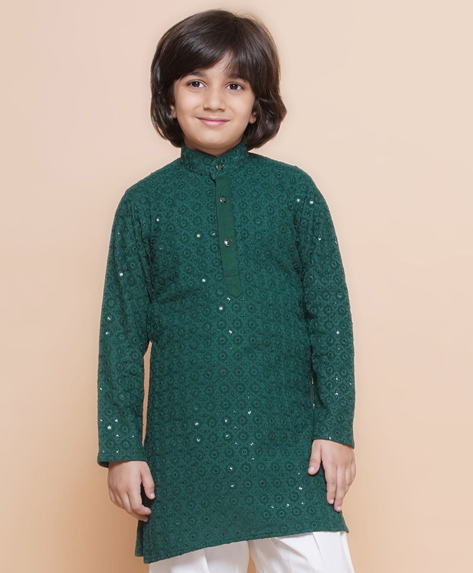 AJ Dezines Cotton Blend Woven Full Sleeves Geometric Embroidered Sequins Embellished Kurta - Teal Blue-picture-13