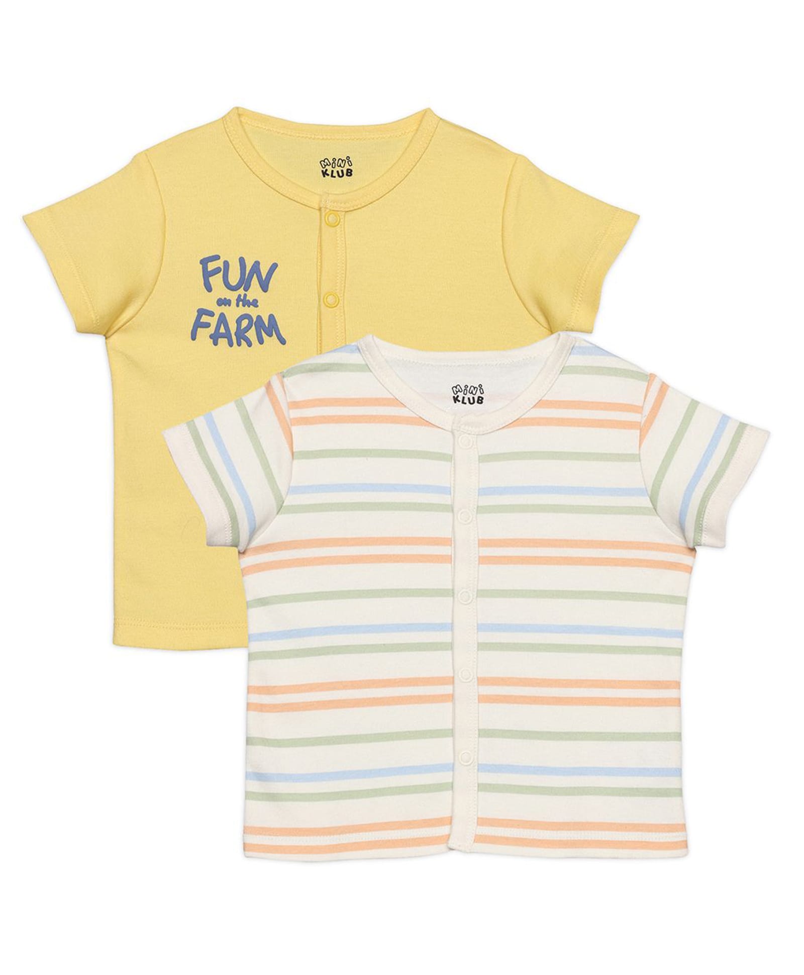 MINI KLUB Cotton Knit Pack of 2 Half Sleeves Striped & Fun On The Farm Text Printed Vests - Yellow & White-image-32