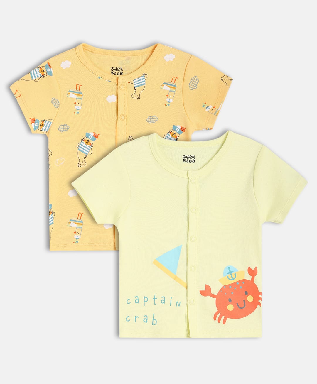 MINI KLUB Cotton Knit Pack Of 2 Half Sleeves Seals & Crab Printed Vests - Orange & Yellow-image-27