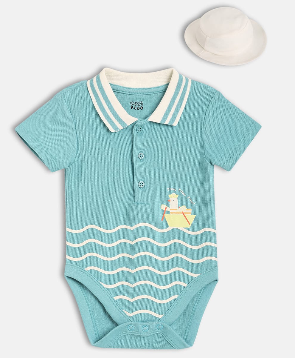 MINI KLUB Cotton Knit Half Sleeves Duck Printed Onesie With Hat - Blue-image-43