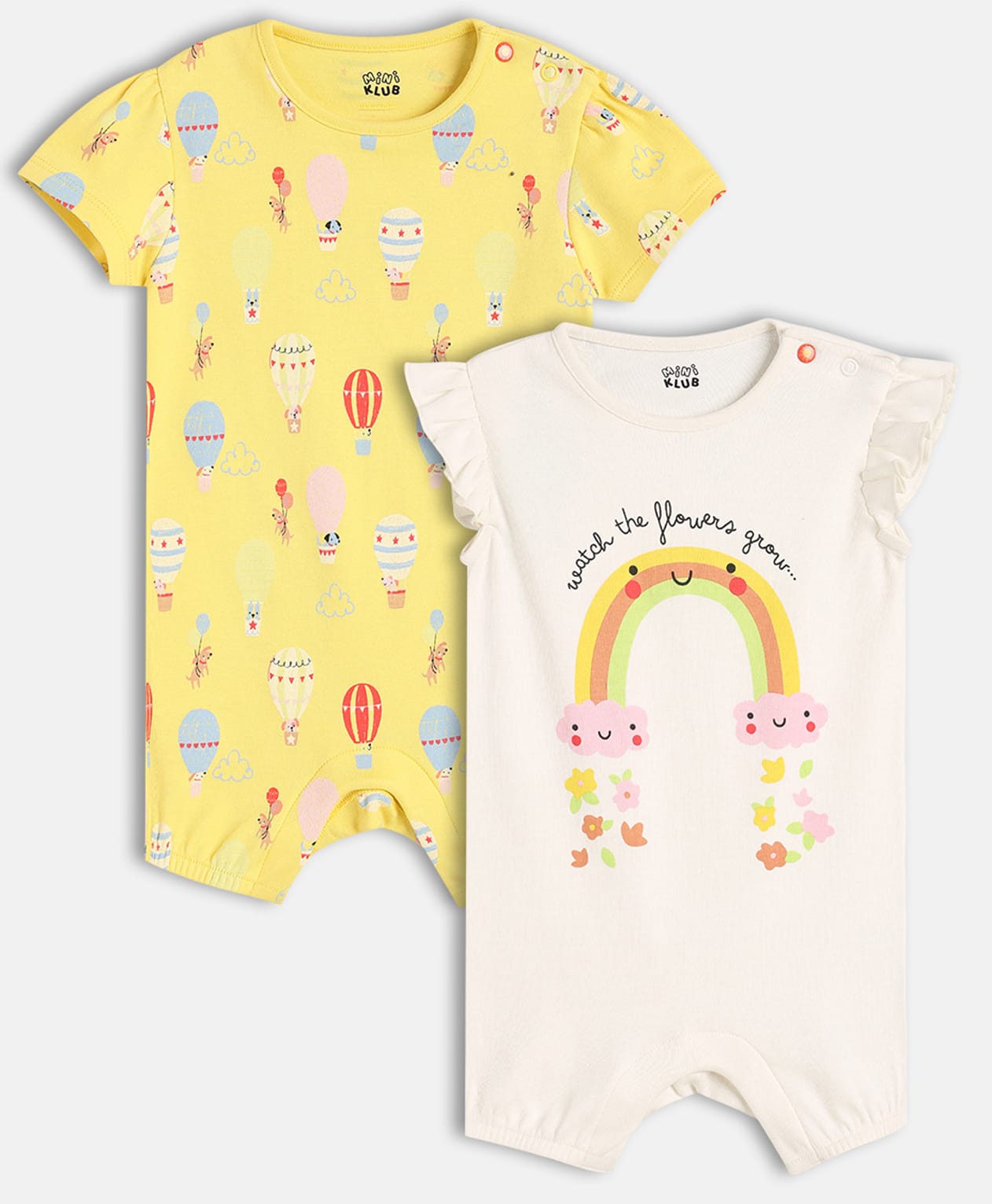 MINI KLUB Cotton Knit Pack Of 2 Half Sleeves Balloon & Rainbow Printed Rompers - Yellow & Peach-picture-38