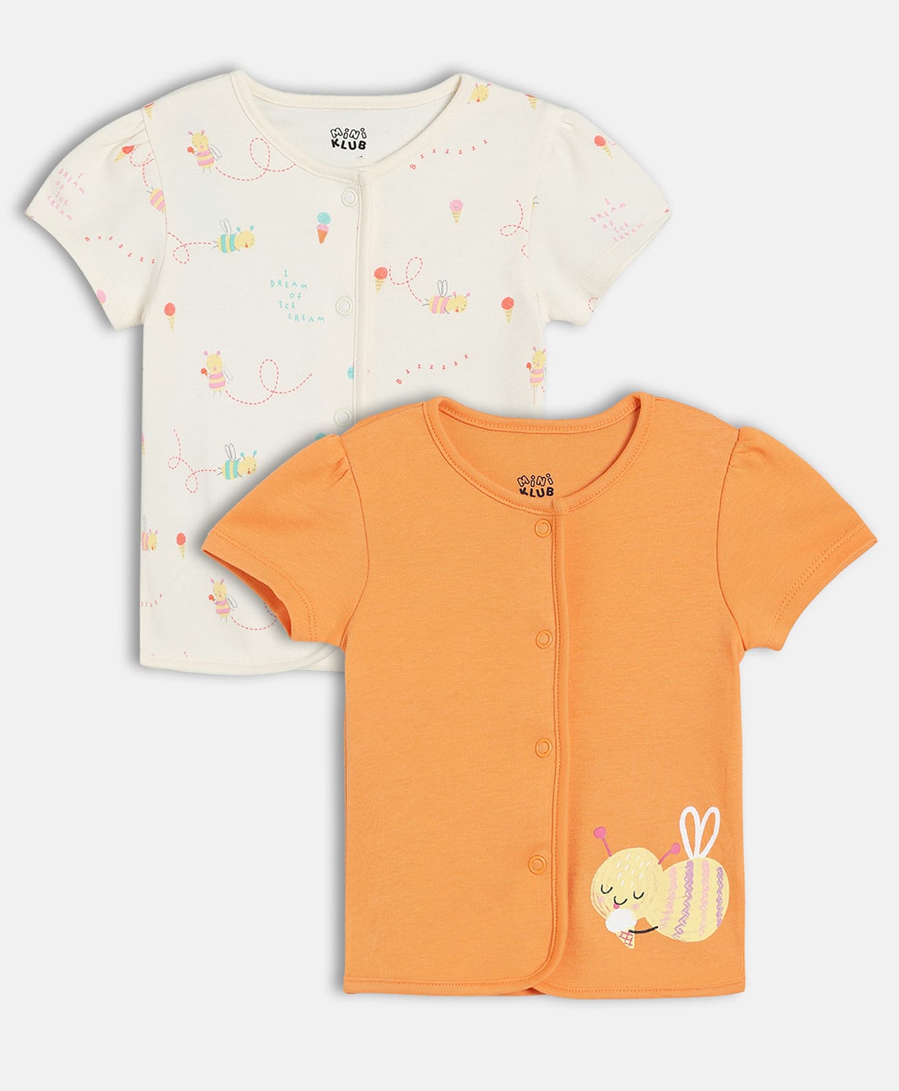 MINI KLUB Cotton Knit Pack Of 2 Half Sleeves Bee Printed Vests - Orange & Off White-image-49