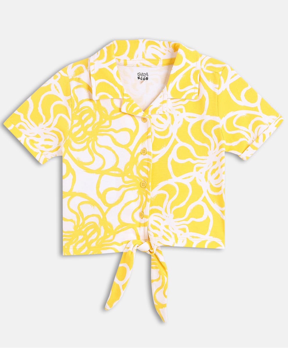 MINI KLUB Cotton Knit Half Sleeves Abstract Printed Shirt Style Top - White & Yellow-picture-13