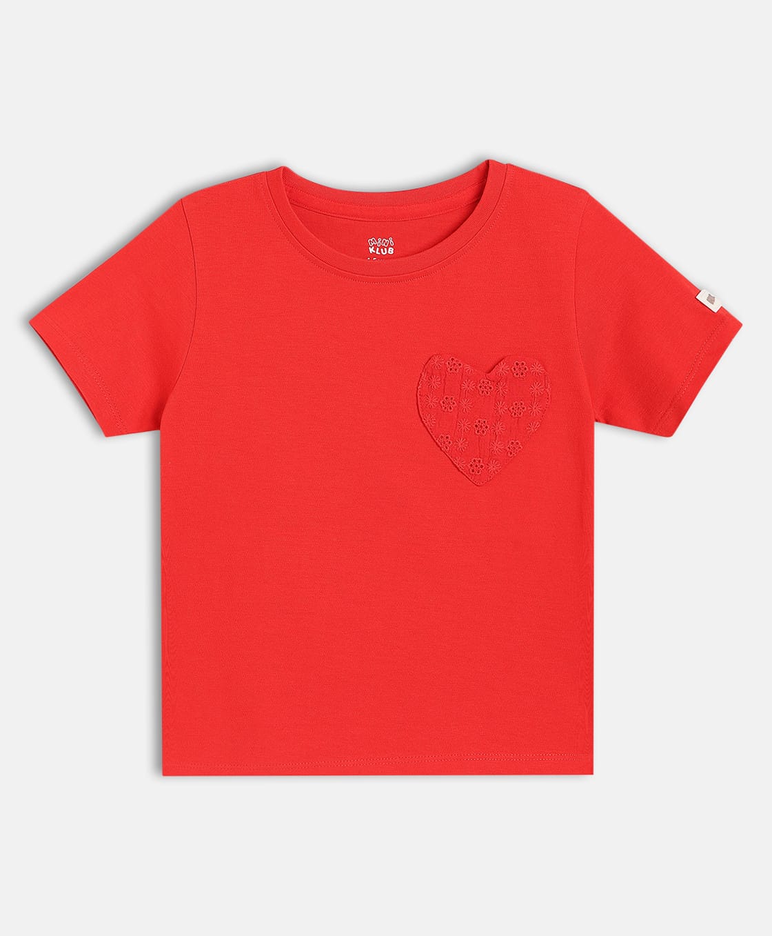 MINI KLUB Cotton Knit Half Sleeves Heart Patch Detailed Floral Embroidered Top - Red-picture-24